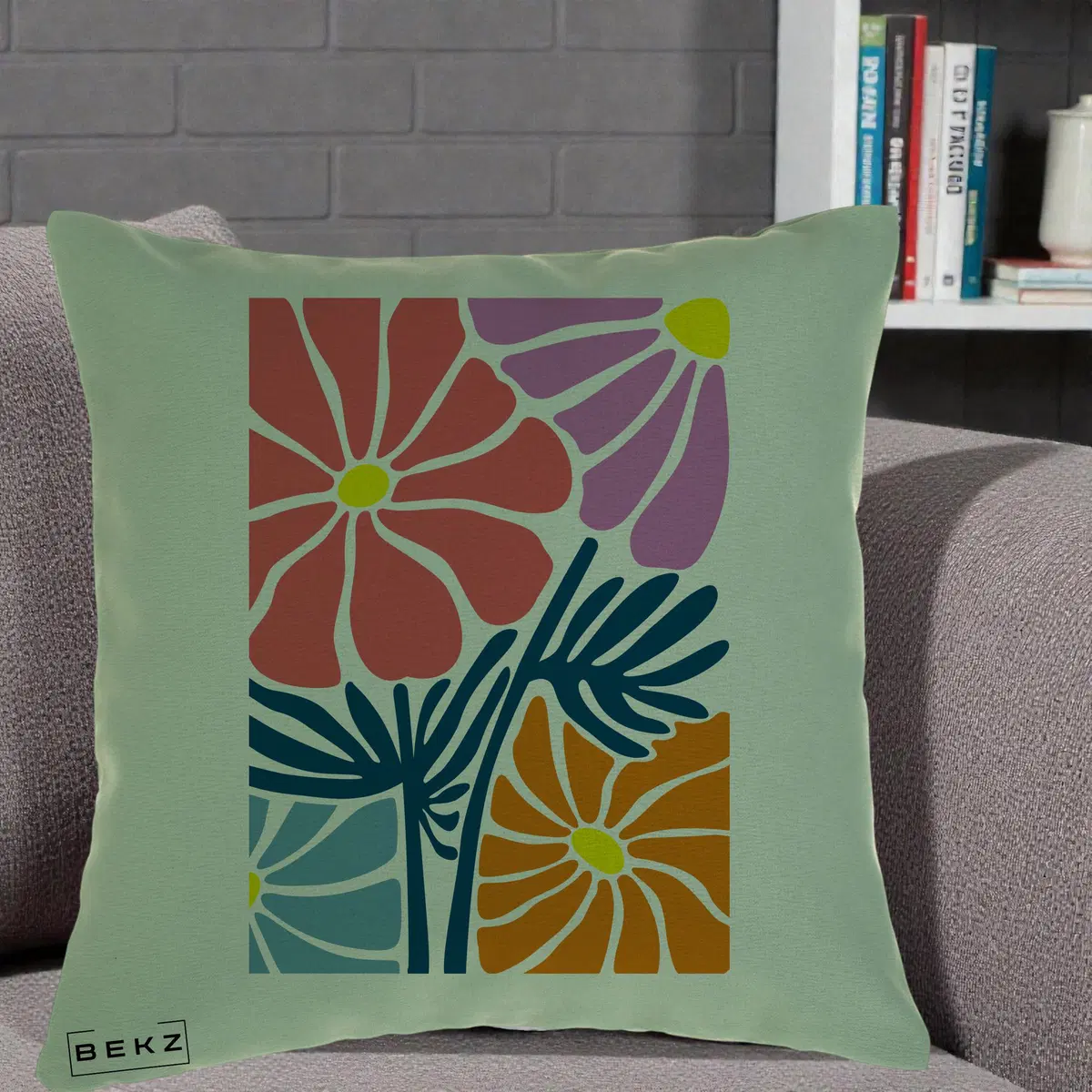 Perna Decorativa Flori Grafice Roz-Orange-Albastru, 40x40 cm, Verde, Husa Detasabila, Perna, BEKZ®