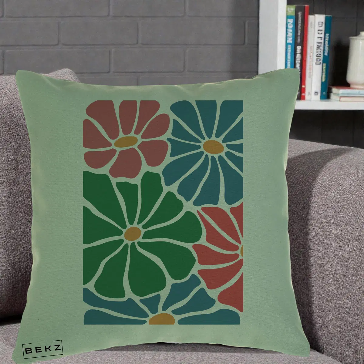 Perna Decorativa Flori Grafice Verde-Roz-Albastru, 40x40 cm, Verde, Husa Detasabila, Perna, BEKZ®