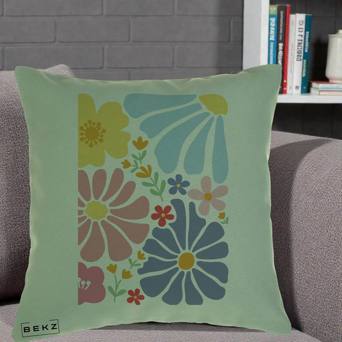 Perna Decorativa Flori Grafice Pastel Multicolor, 40x40 cm, Verde, Husa Detasabila, Perna, BEKZ®