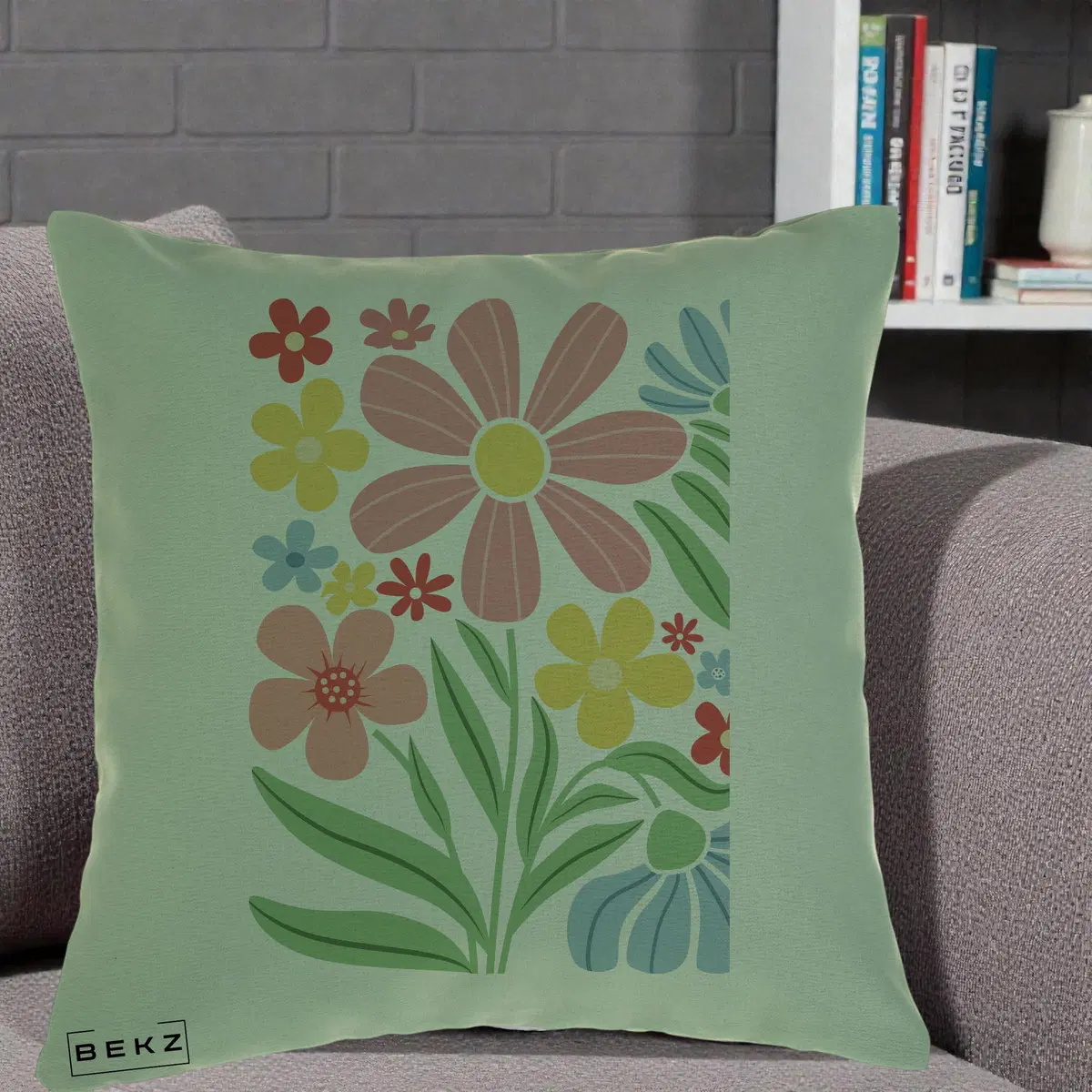 Perna Decorativa Flori Grafice Roz Pastel, 40x40 cm, Verde, Husa Detasabila, Perna, BEKZ®
