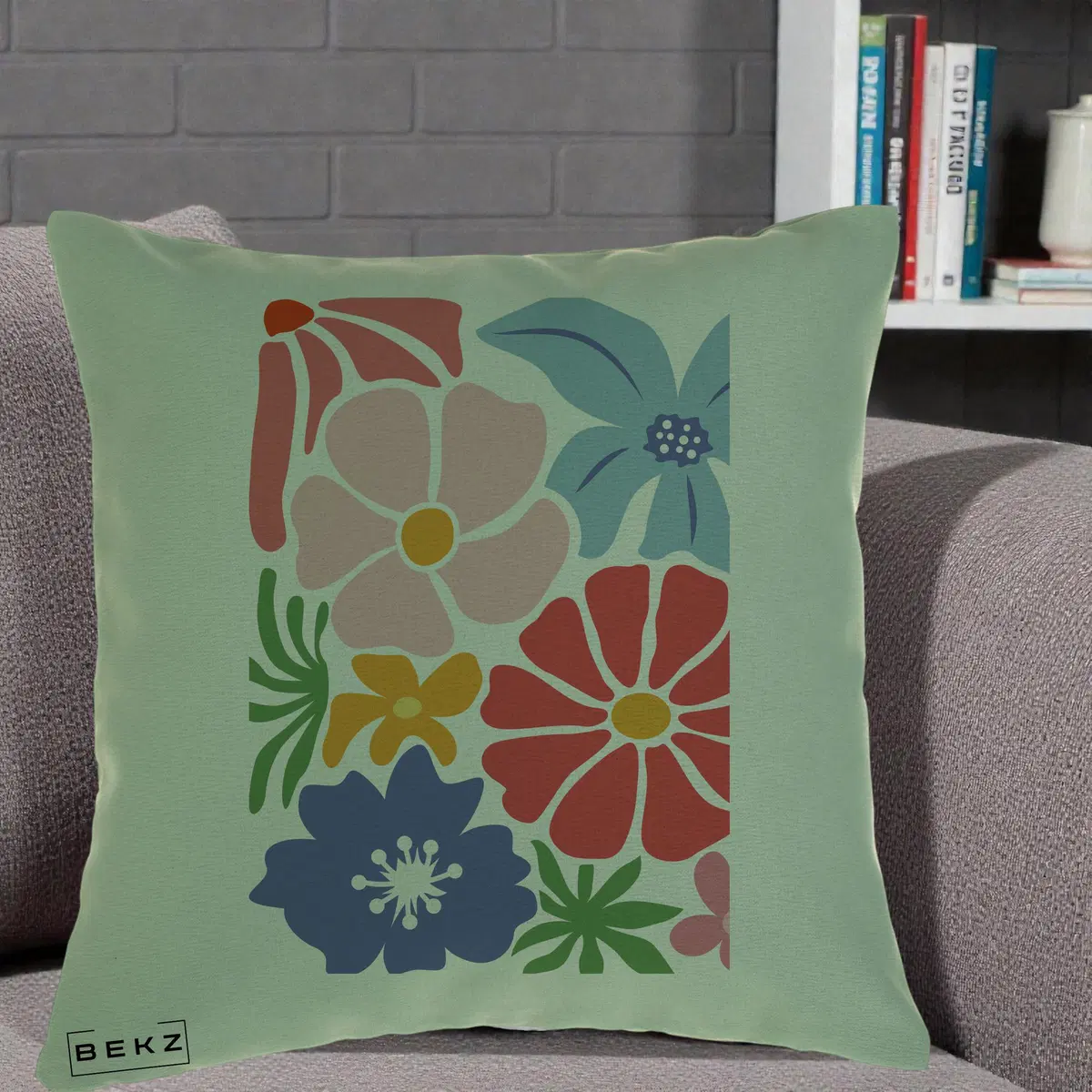 Perna Decorativa Flori Grafice Roz-Rosu-Albastru, 40x40 cm, Verde, Husa Detasabila, Perna, BEKZ®