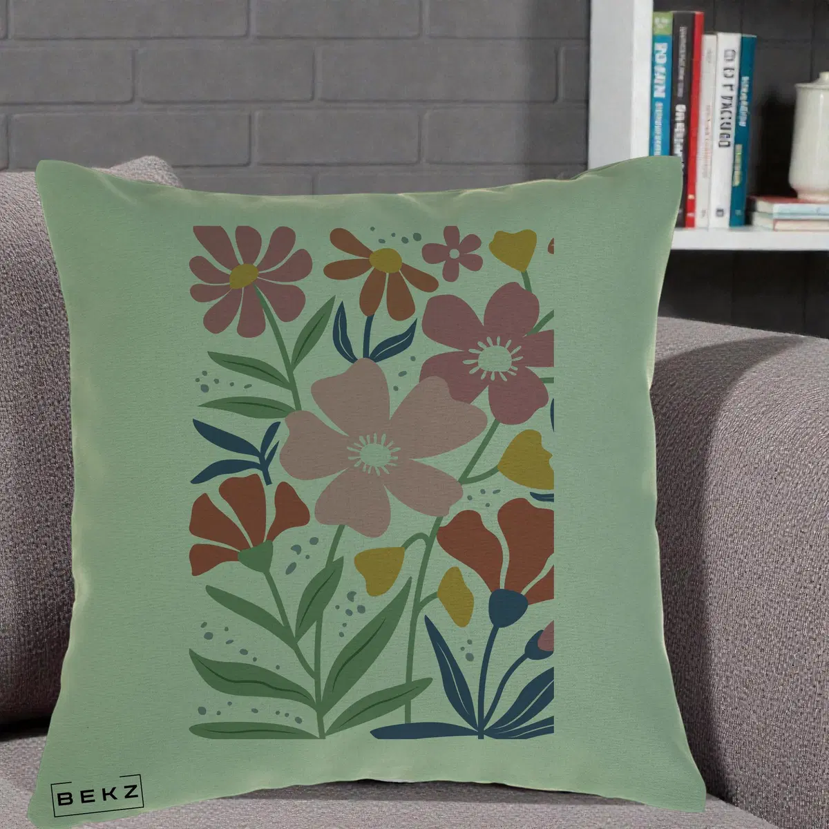 Perna Decorativa Flori in Vaza Turcoaz, 40x40 cm, Verde, Husa Detasabila, Perna, BEKZ®