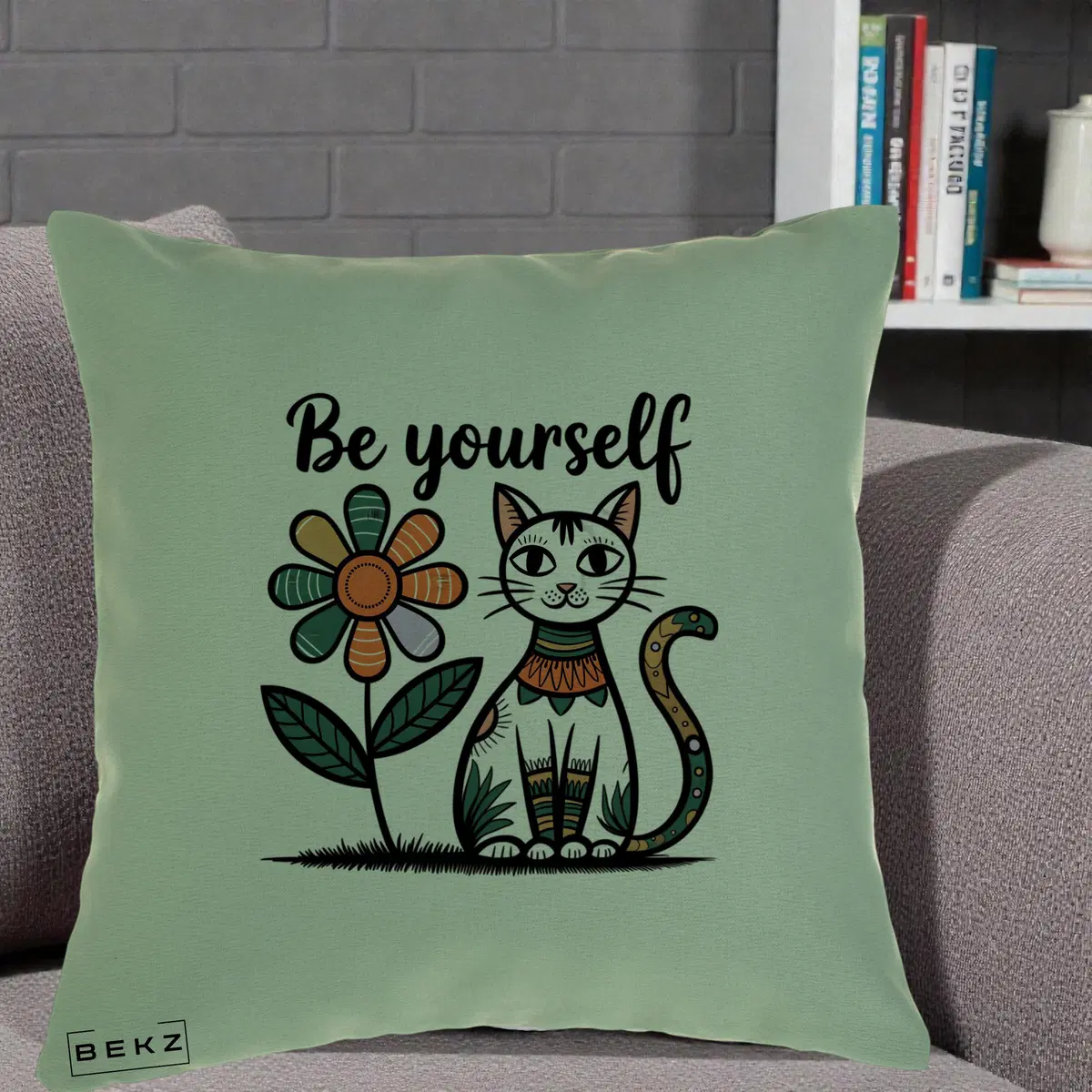 Perna Decorativa Be Yourself Pisica Folk, 40x40 cm, Verde, Husa Detasabila, Perna, BEKZ®