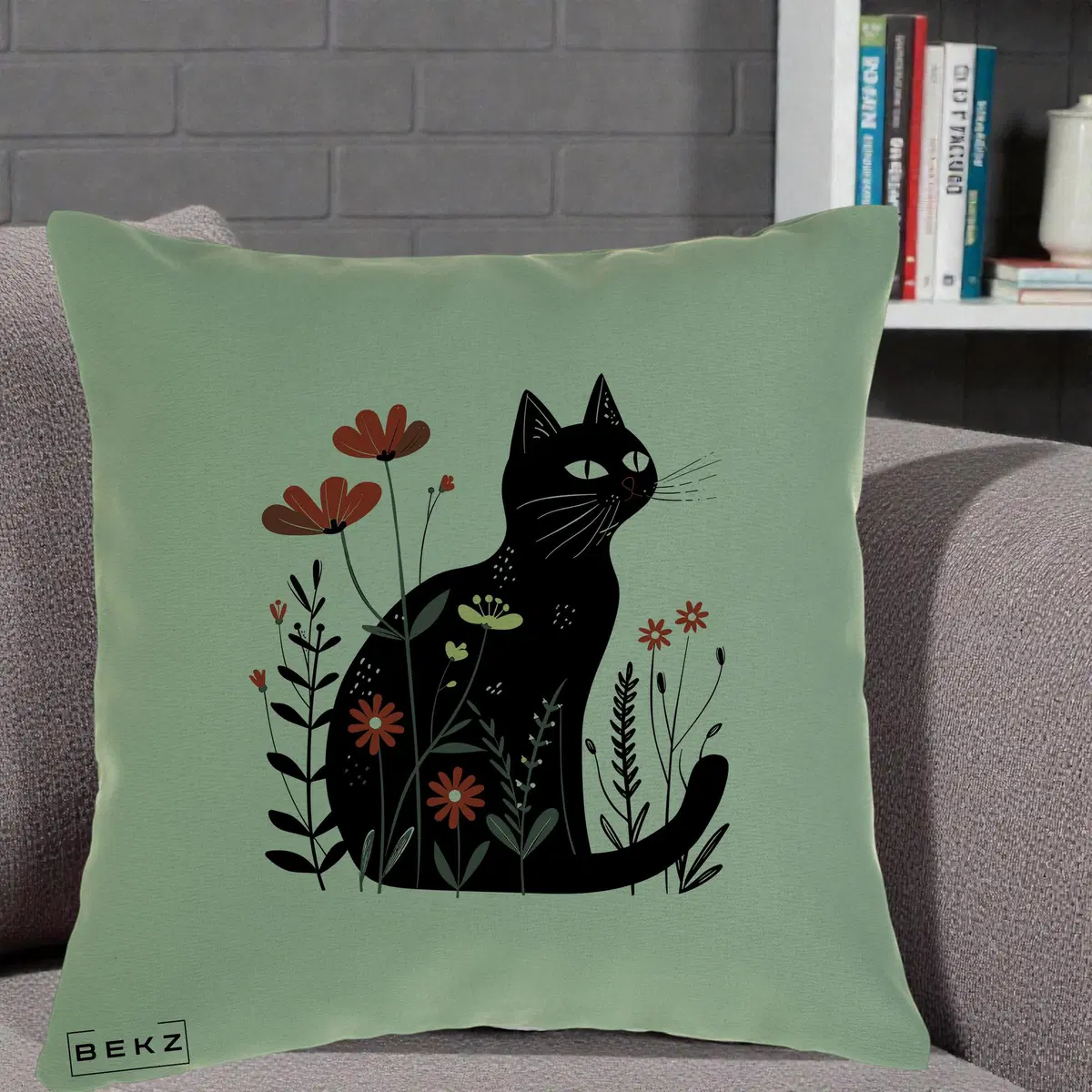 Perna Decorativa Pisica Neagra Flori Rosii Folk, 40x40 cm, Verde, Husa Detasabila, Perna, BEKZ®