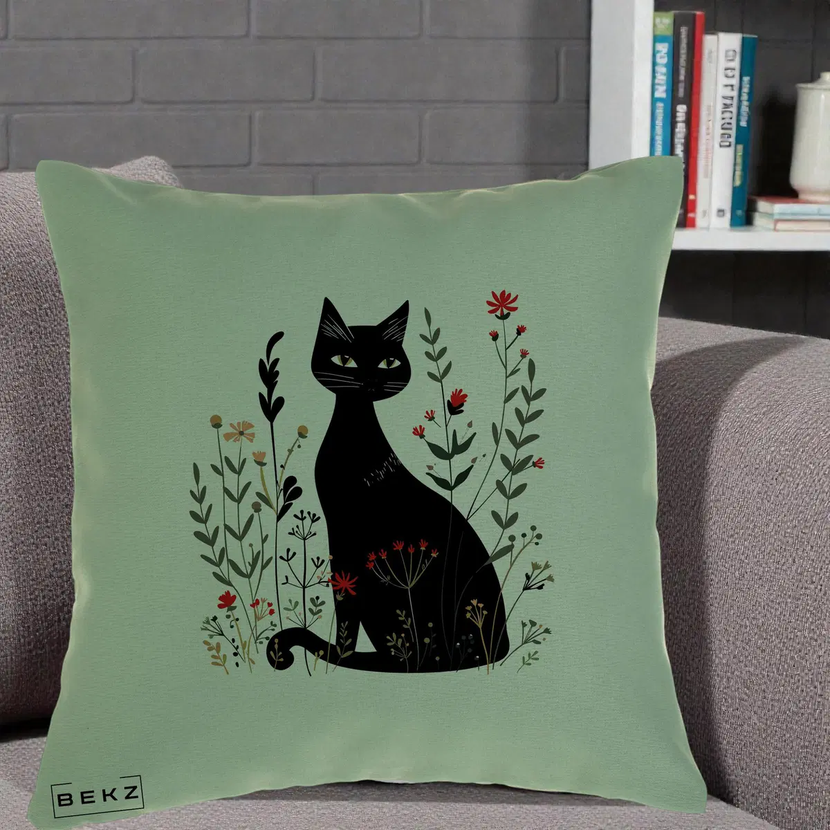 Perna Decorativa Pisica Neagra Botanica Rosu-Gri, 40x40 cm, Verde, Husa Detasabila, Perna, BEKZ®