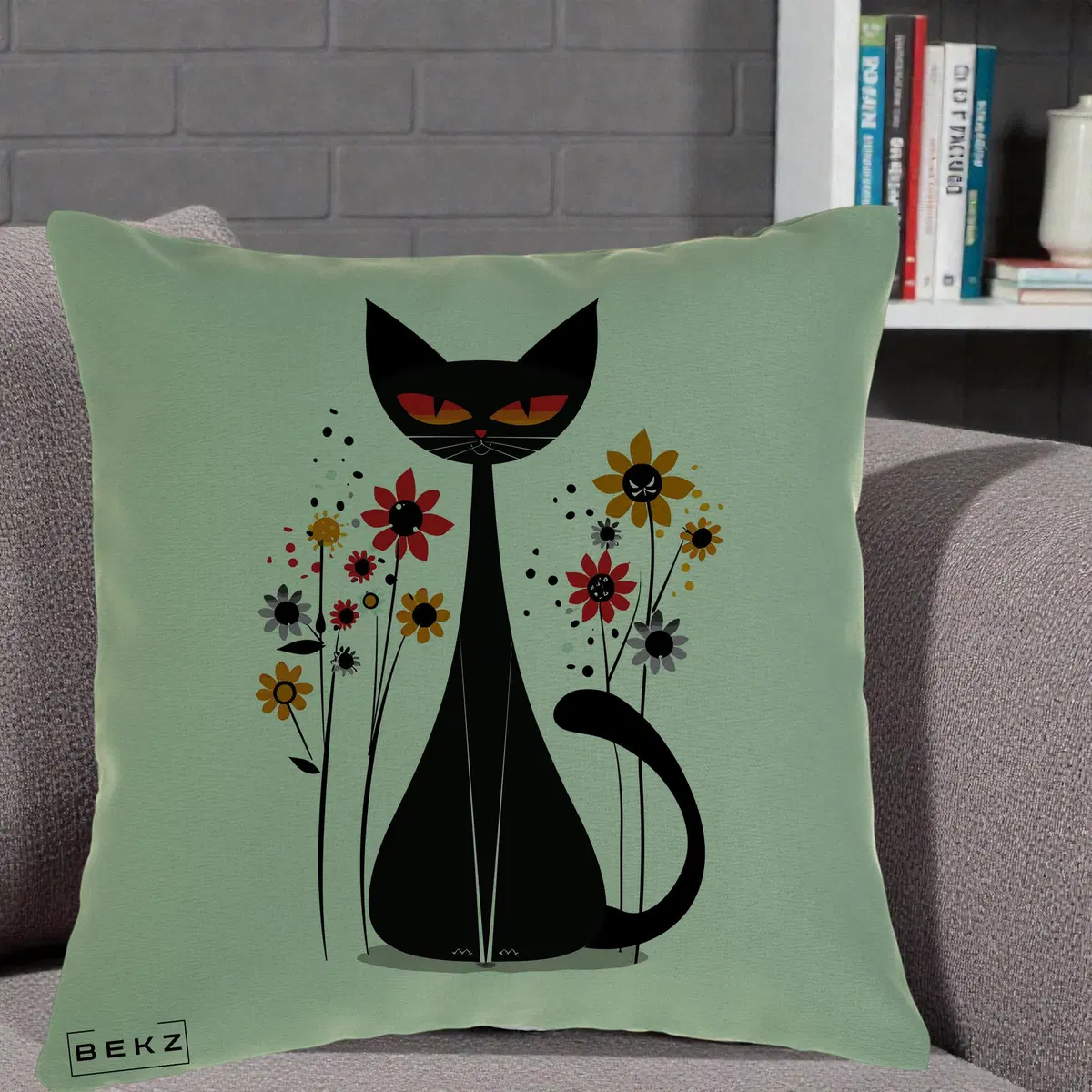 Perna Decorativa Pisica Neagra Ochi Rosii Flori, 40x40 cm, Verde, Husa Detasabila, Perna, BEKZ®