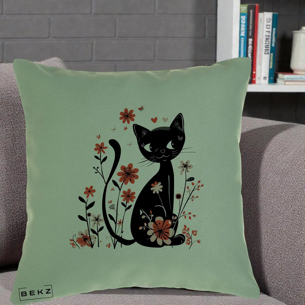 Perna Decorativa Pisica Neagra Flori Roz si Inimi, 40x40 cm, Verde, Husa Detasabila, Perna, BEKZ®
