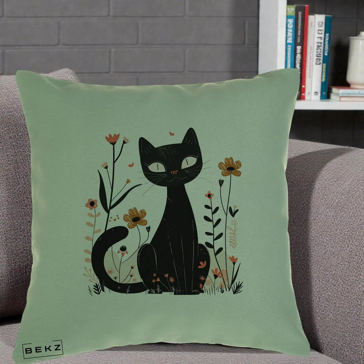 Perna Decorativa Pisica Neagra Flori Pastel Folk, 40x40 cm, Verde, Husa Detasabila, Perna, BEKZ®