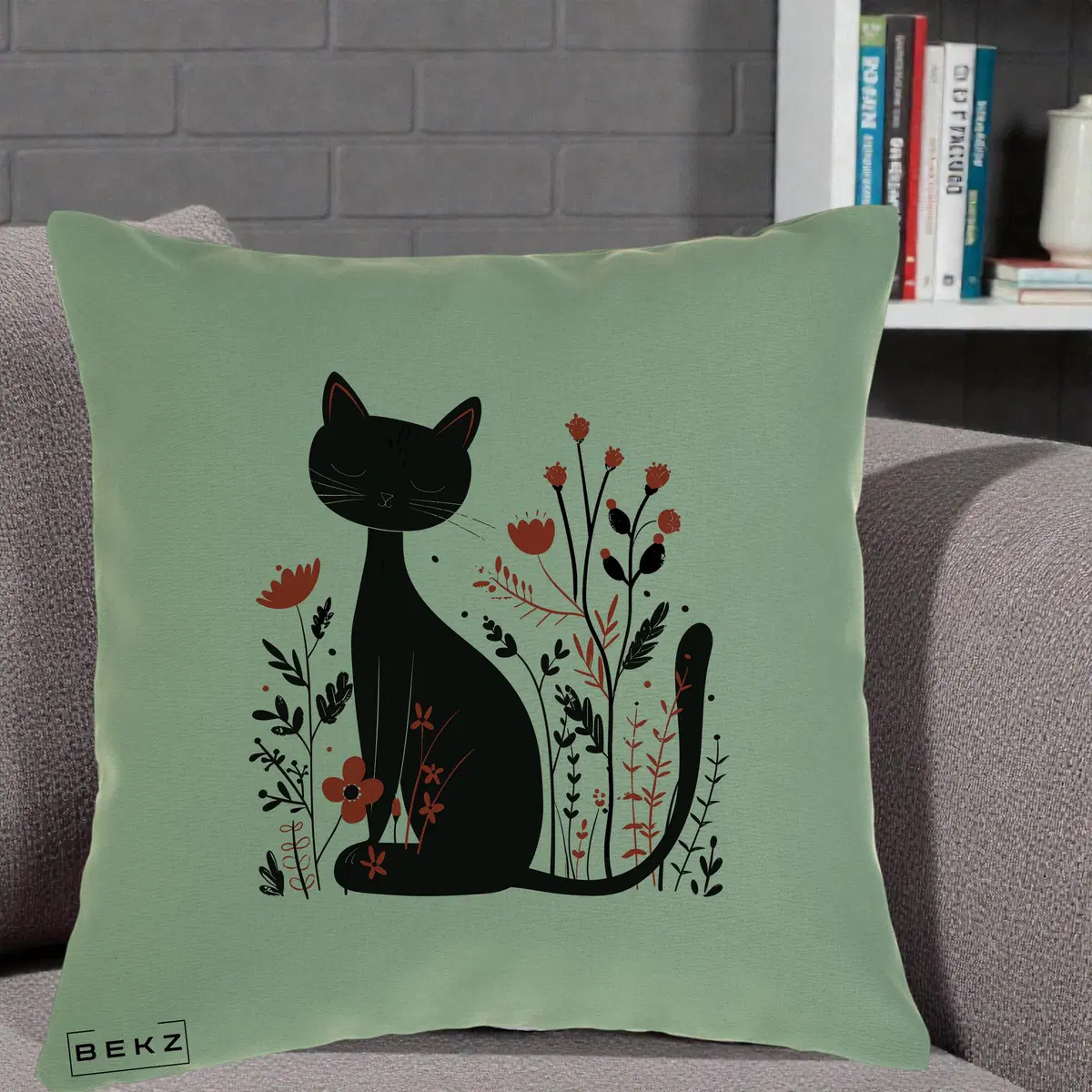 Perna Decorativa Pisica Neagra Flori Rosii Folk Minimal, 40x40 cm, Verde, Husa Detasabila, Perna, BEKZ®