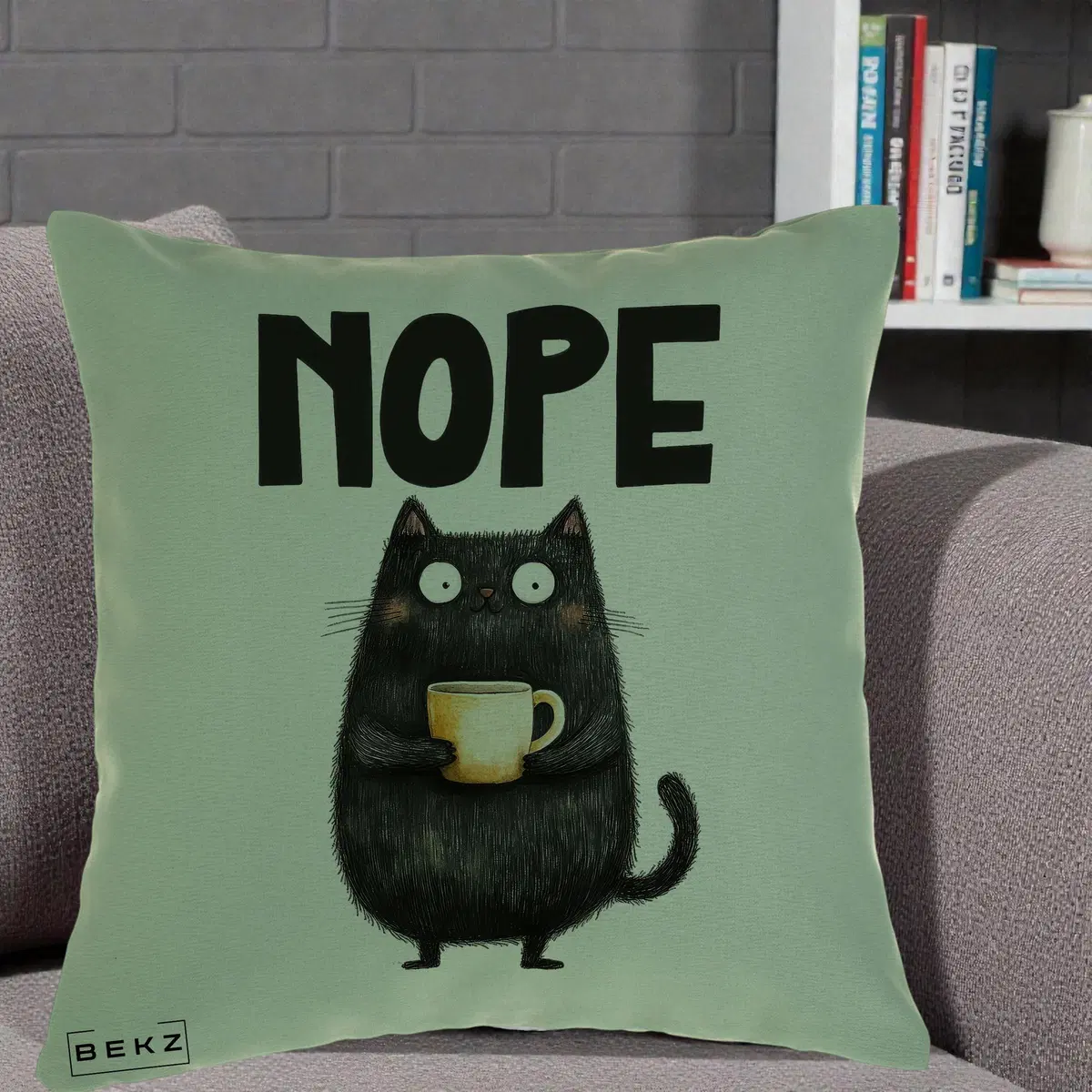 Perna Decorativa NOPE Pisica Neagra Cafea, 40x40 cm, Verde, Husa Detasabila, Perna, BEKZ®