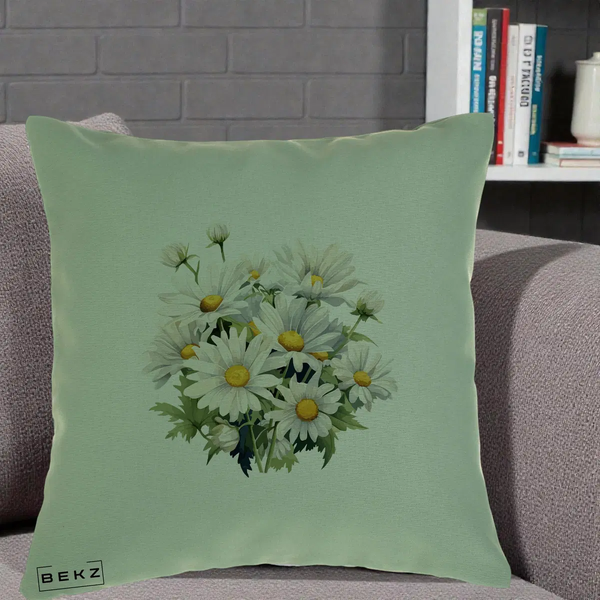 Perna Decorativa Buchet Margarete Albe Acuarela, 40x40 cm, Verde, Husa Detasabila, Perna, BEKZ®