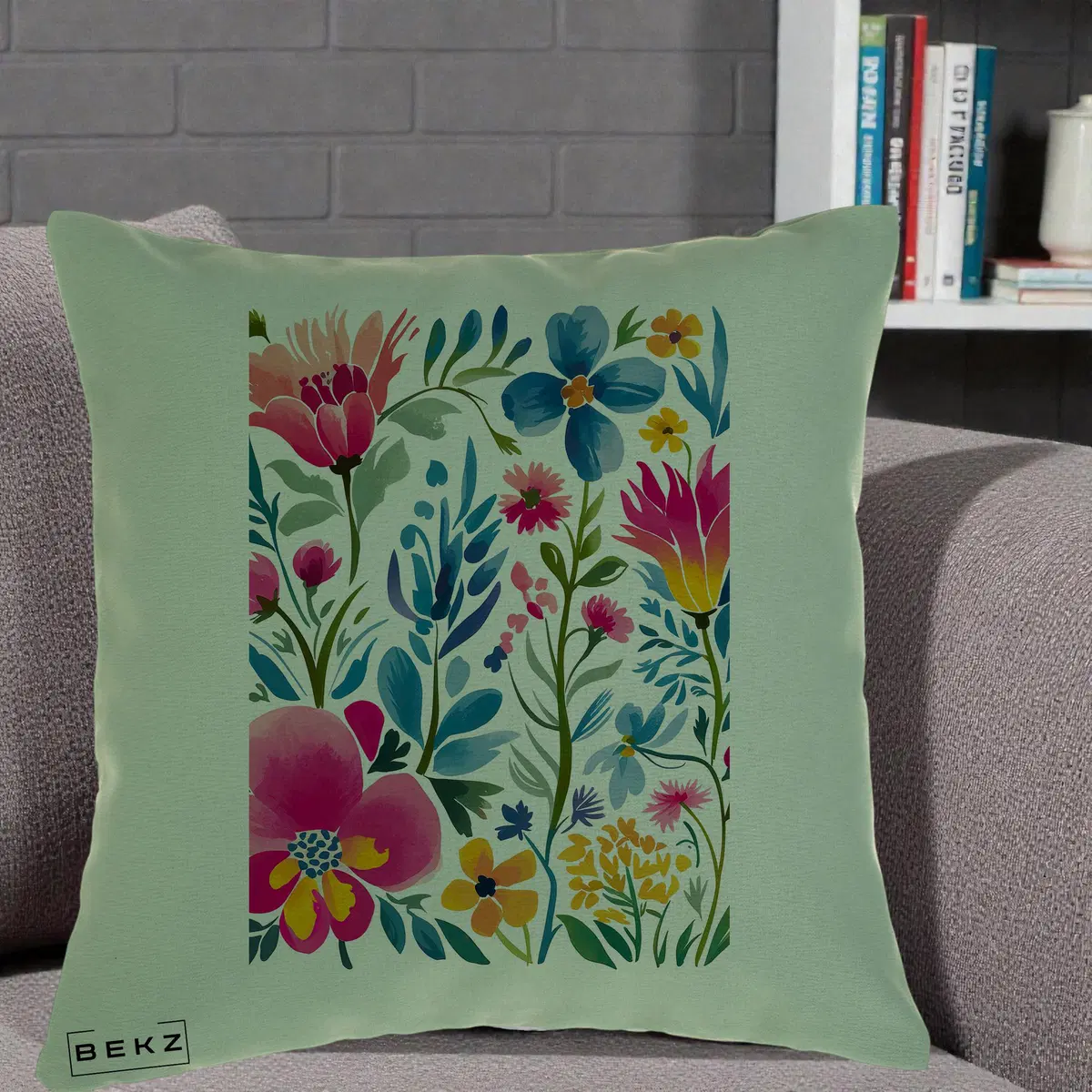 Perna Decorativa Gradina Florala Acuarela Colorata, 40x40 cm, Verde, Husa Detasabila, Perna, BEKZ®