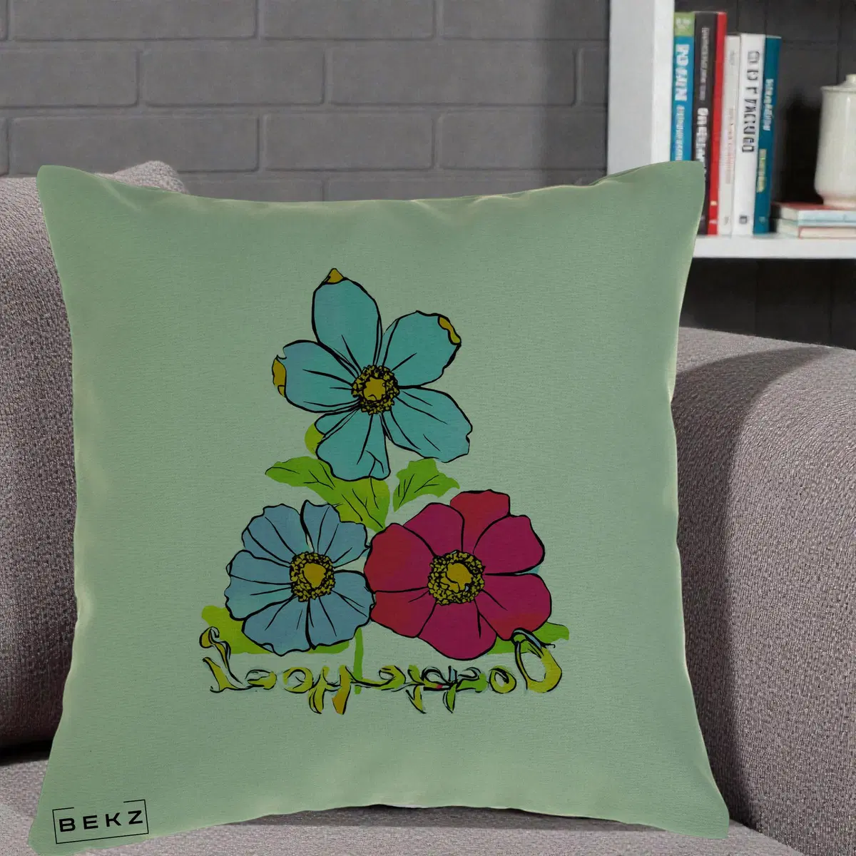 Perna Decorativa Trei Flori Grafice Pop Art, 40x40 cm, Verde, Husa Detasabila, Perna, BEKZ®