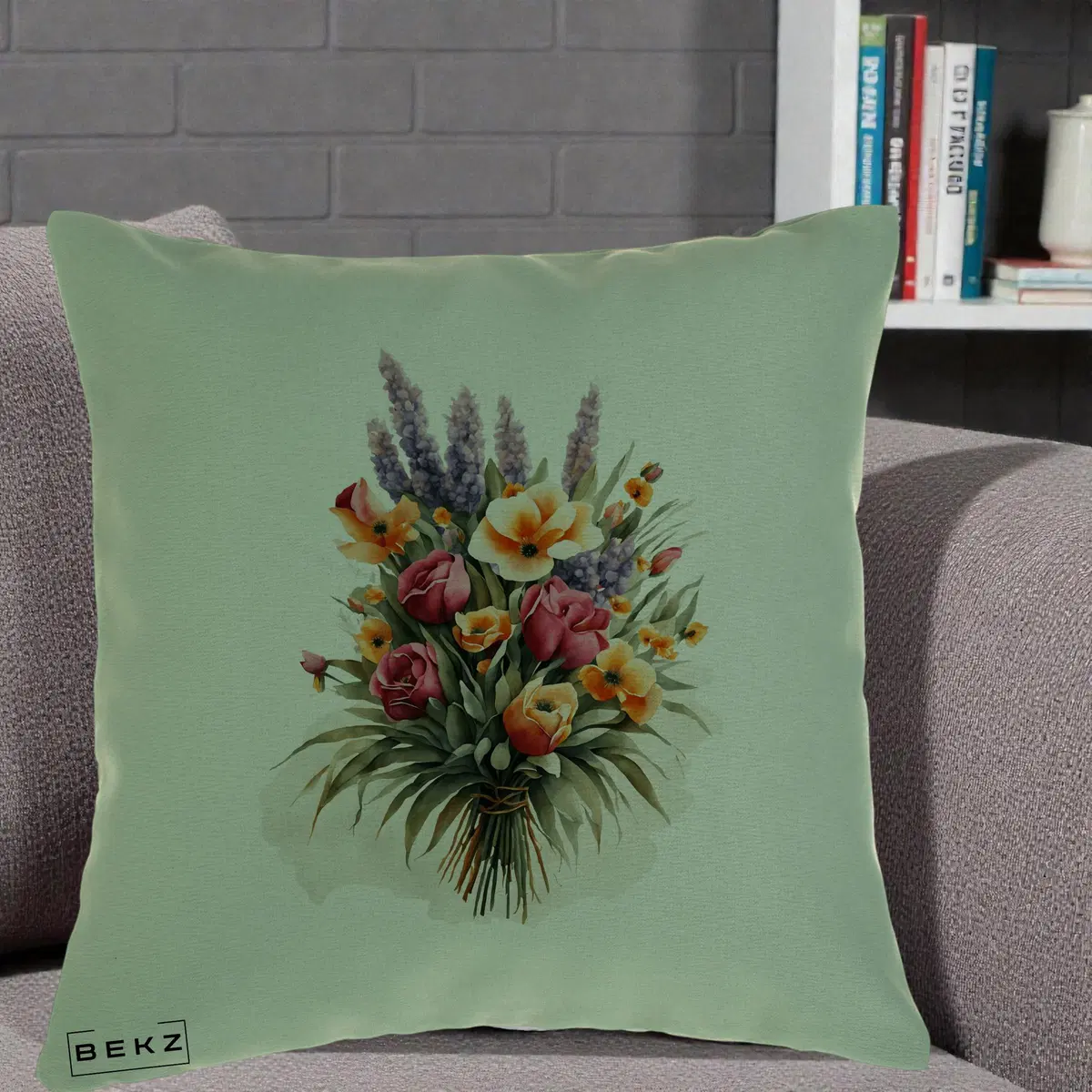 Perna Decorativa Buchet Mixt Acuarela Lavanda-Trandafiri, 40x40 cm, Verde, Husa Detasabila, Perna, BEKZ®
