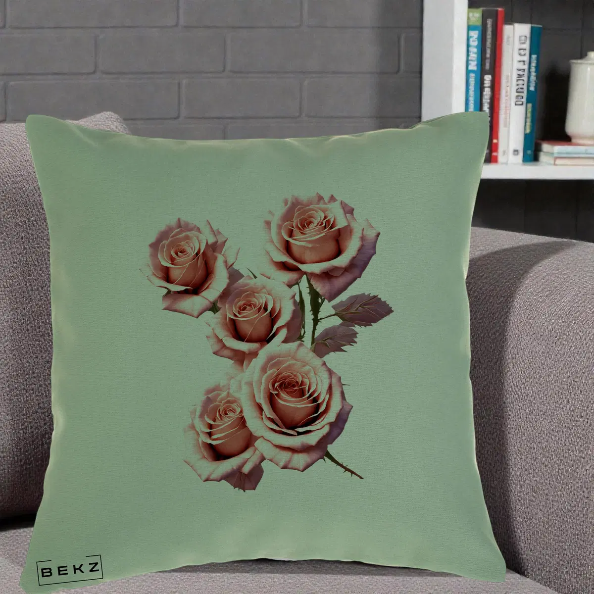Perna Decorativa Trandafiri Roz Pastel Acuarela, 40x40 cm, Verde, Husa Detasabila, Perna, BEKZ®