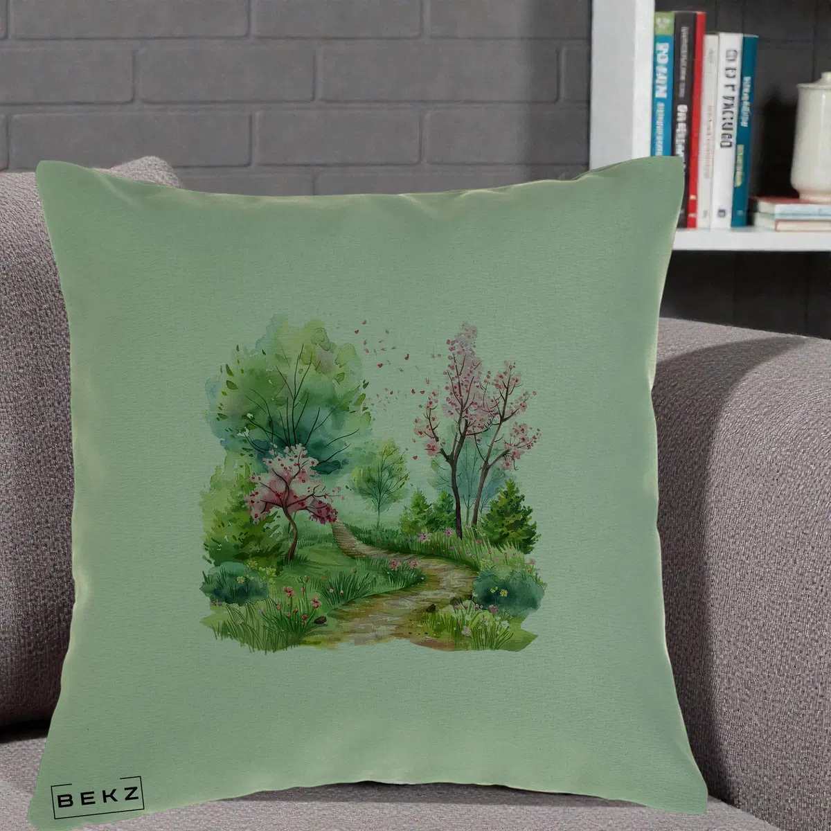 Perna Decorativa Gradina Primavara Acuarela, 40x40 cm, Verde, Husa Detasabila, Perna, BEKZ®