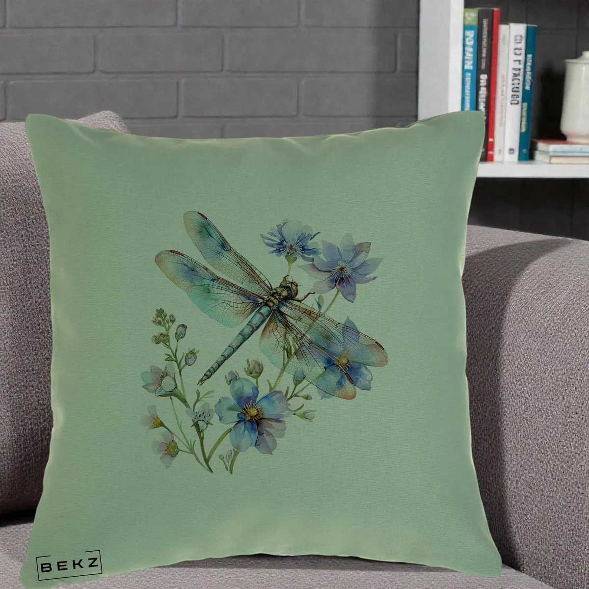 Perna Decorativa Libelula Acuarela Flori Albastre, 40x40 cm, Verde, Husa Detasabila, Perna, BEKZ®