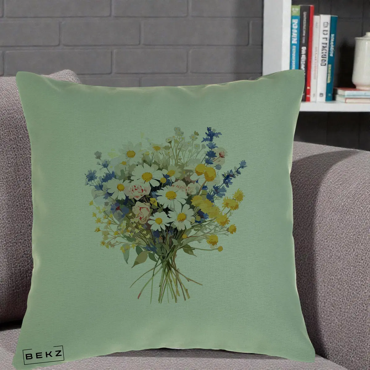 Perna Decorativa Buchet Camp Acuarela Margarete-Lavanda, 40x40 cm, Verde, Husa Detasabila, Perna, BEKZ®