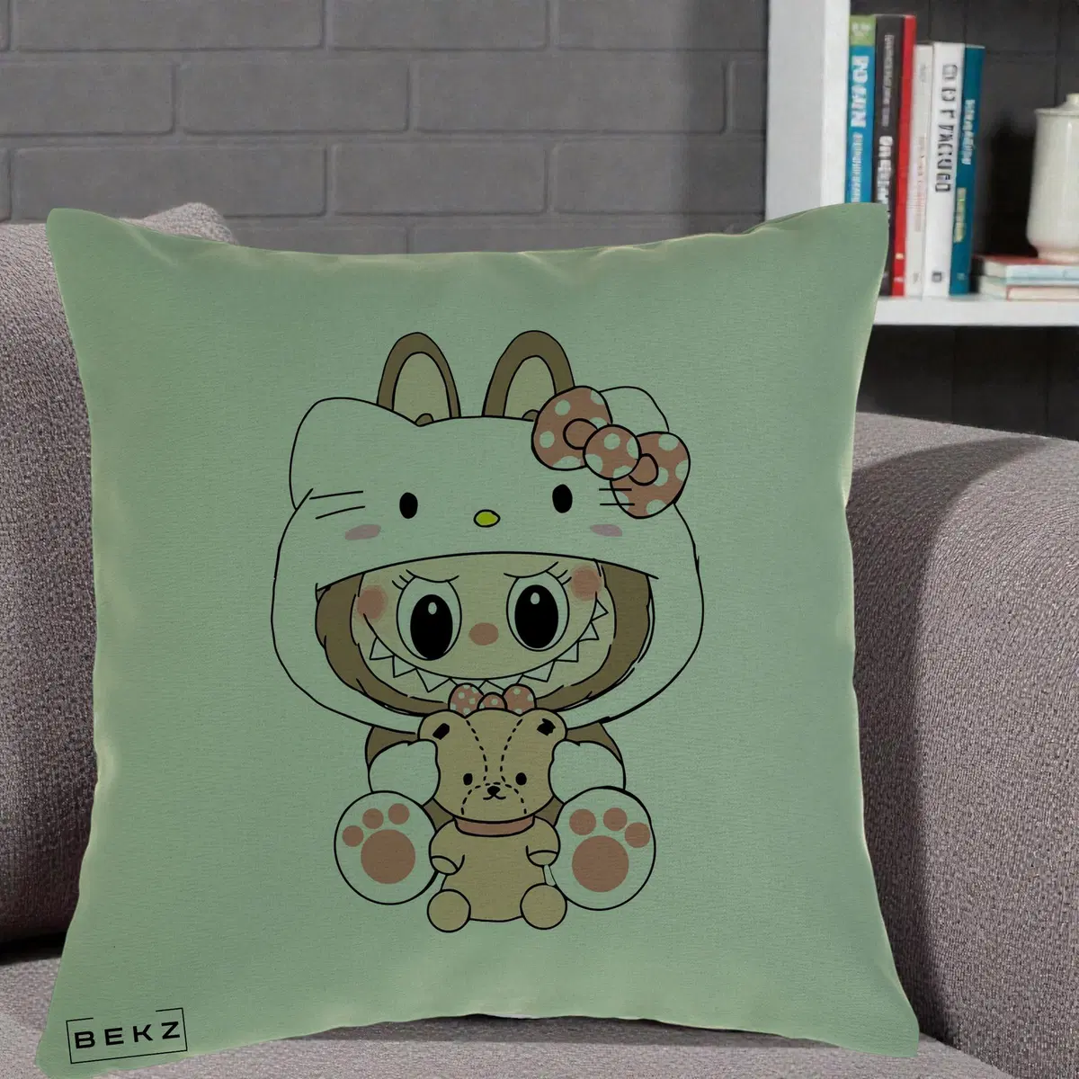 Perna Decorativa Labubu x Hello Kitty, 40x40 cm, Verde, Husa Detasabila, Perna, BEKZ®