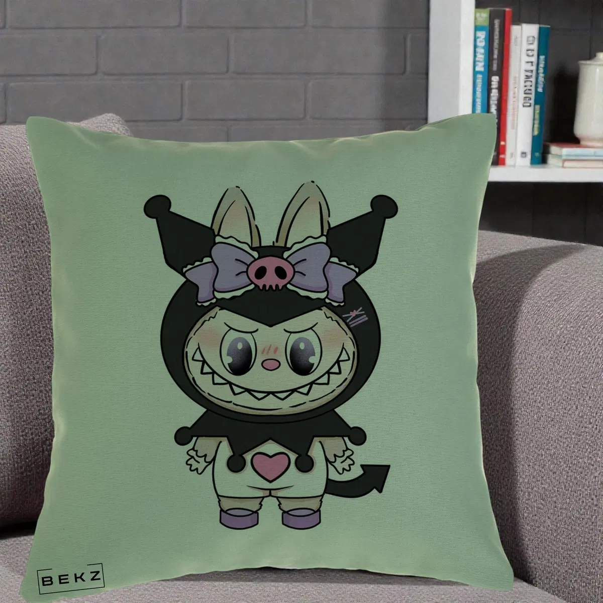 Perna Decorativa Labubu x Kuromi, 40x40 cm, Verde, Husa Detasabila, Perna, BEKZ®