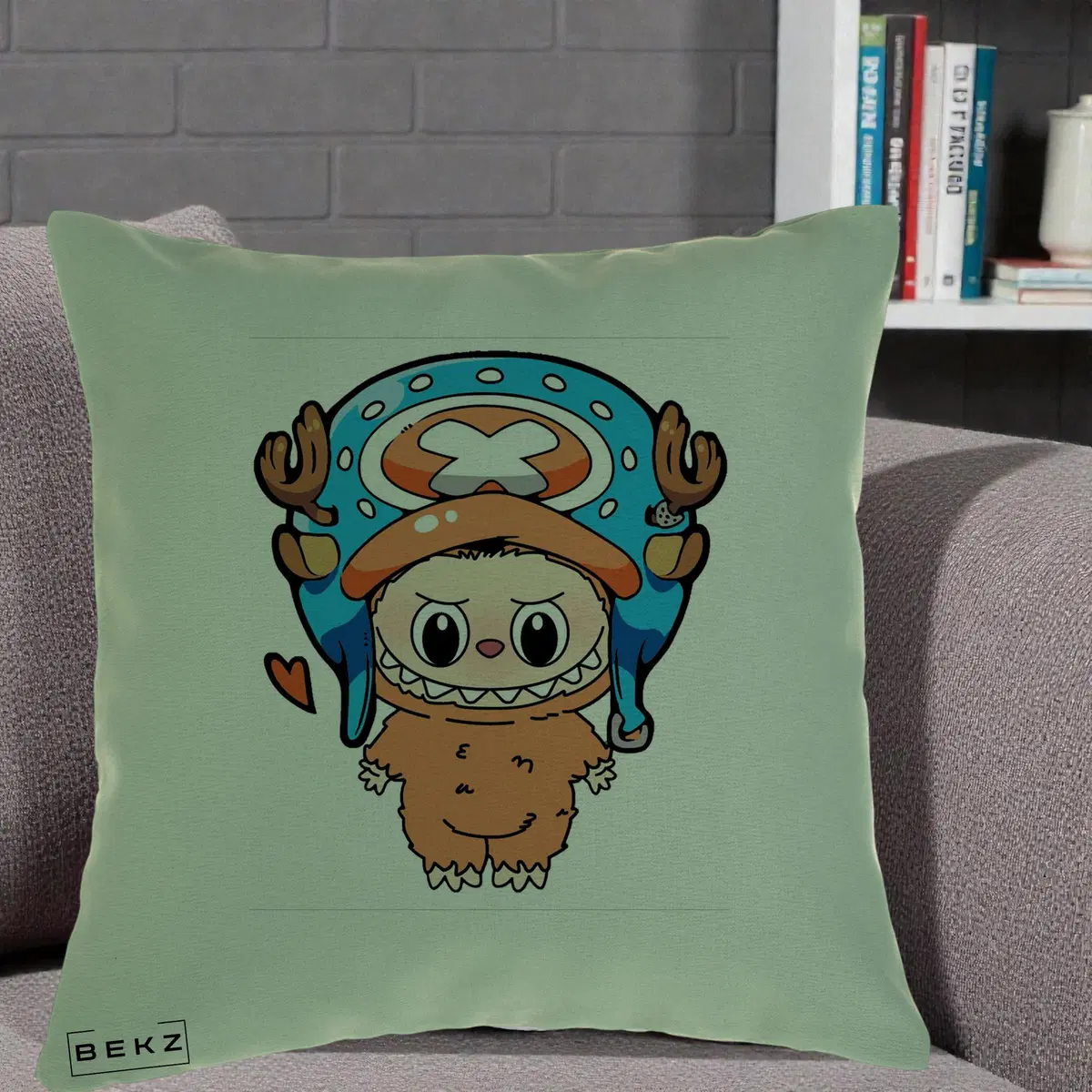 Perna Decorativa Labubu x Tony Tony Chopper, 40x40 cm, Verde, Husa Detasabila, Perna, BEKZ®