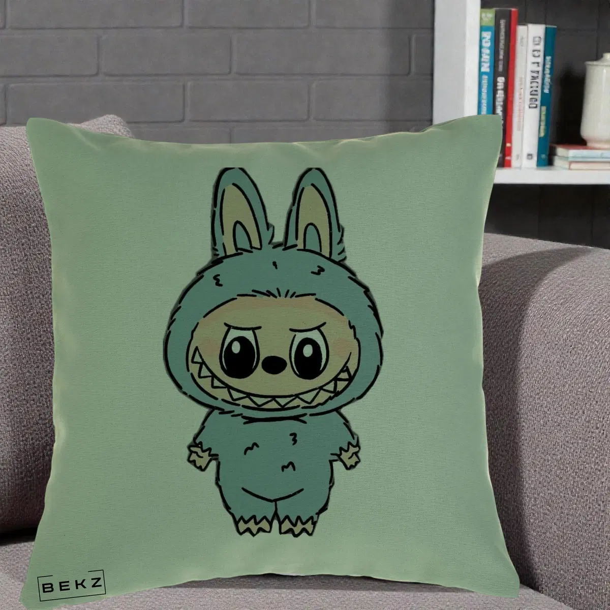 Perna Decorativa Labubu Albastru-Gri Solo, 40x40 cm, Verde, Husa Detasabila, Perna, BEKZ®