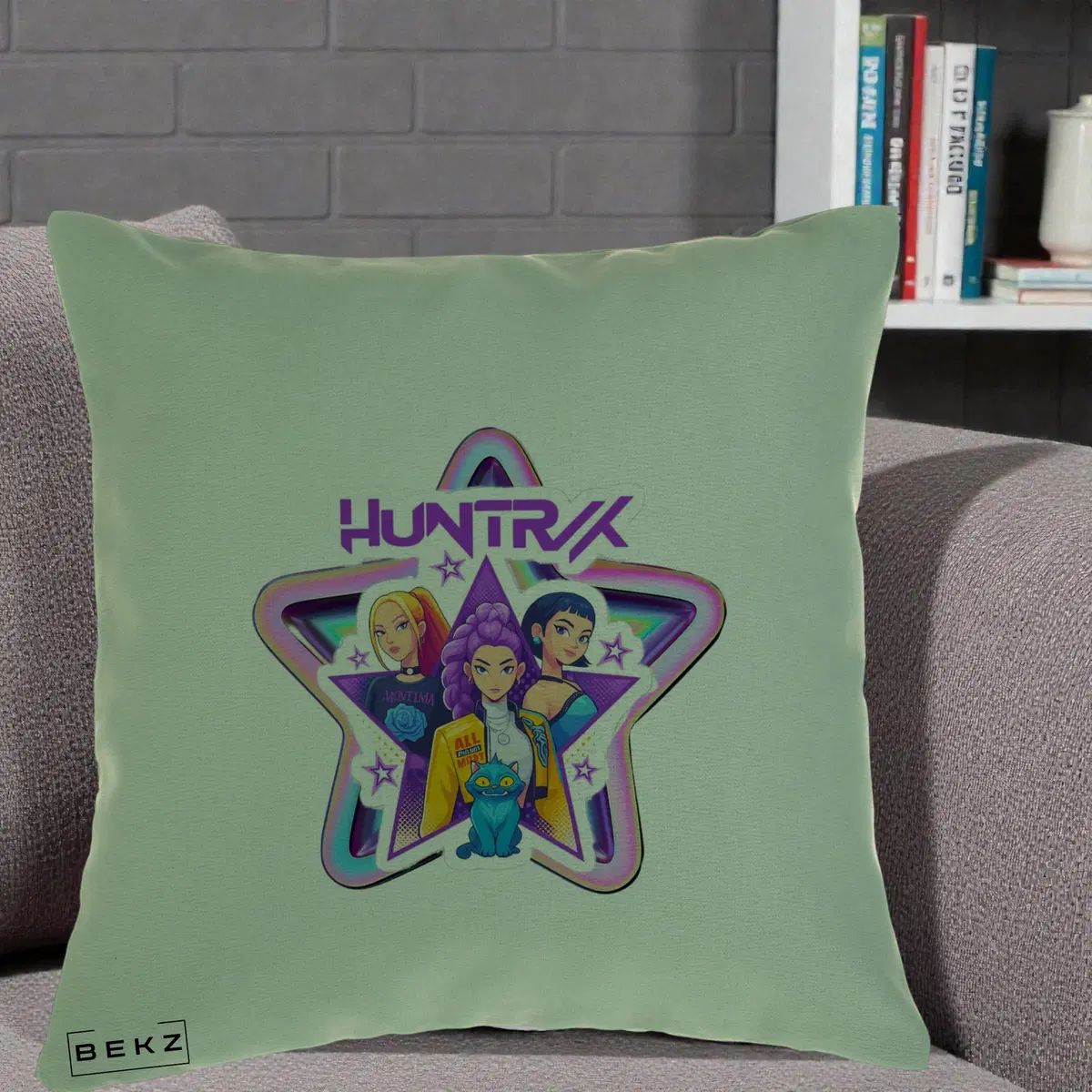 Perna Decorativa HUNTRX Trio Stea cu Pisica, 40x40 cm, Verde, Husa Detasabila, Perna, BEKZ®