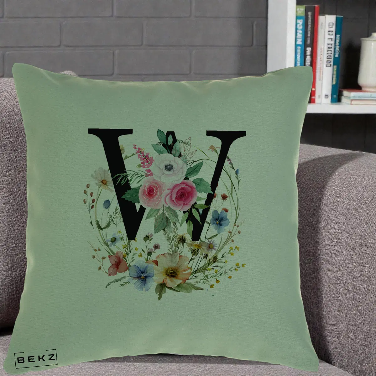 Perna Decorativa Monograma Florala Litera W, 40x40 cm, Verde, Husa Detasabila, Perna, BEKZ®