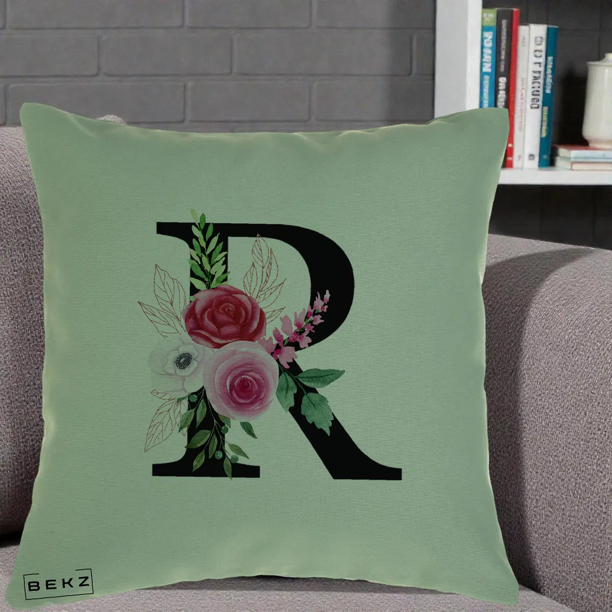 Perna Decorativa Monograma Florala Litera R, 40x40 cm, Verde, Husa Detasabila, Perna, BEKZ®