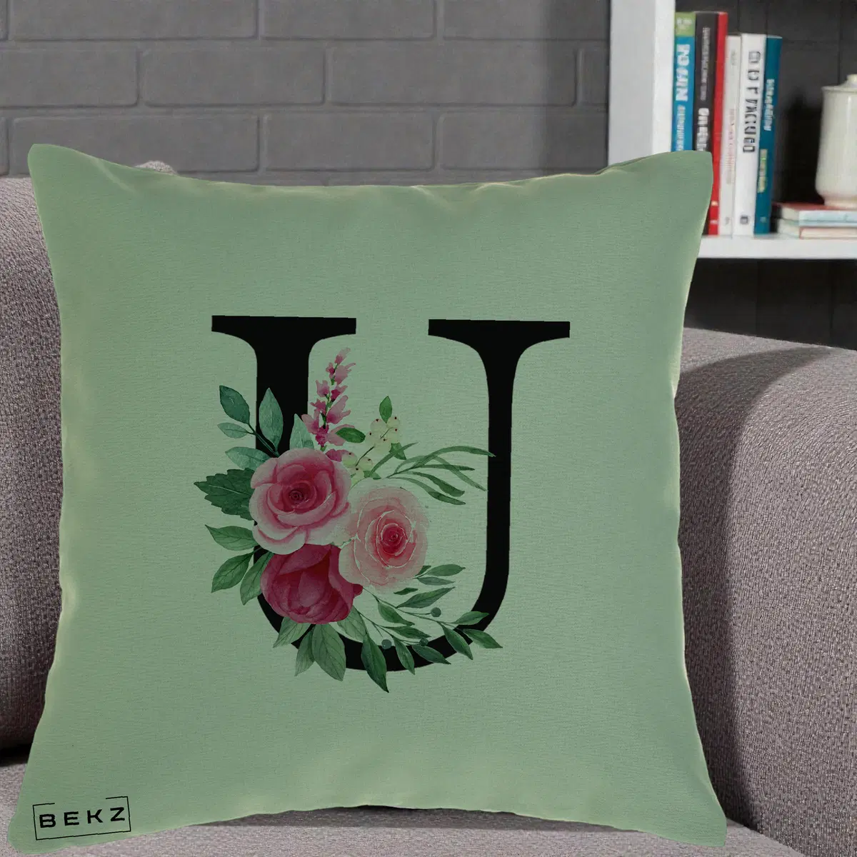 Perna Decorativa Monograma Florala Litera U, 40x40 cm, Verde, Husa Detasabila, Perna, BEKZ®