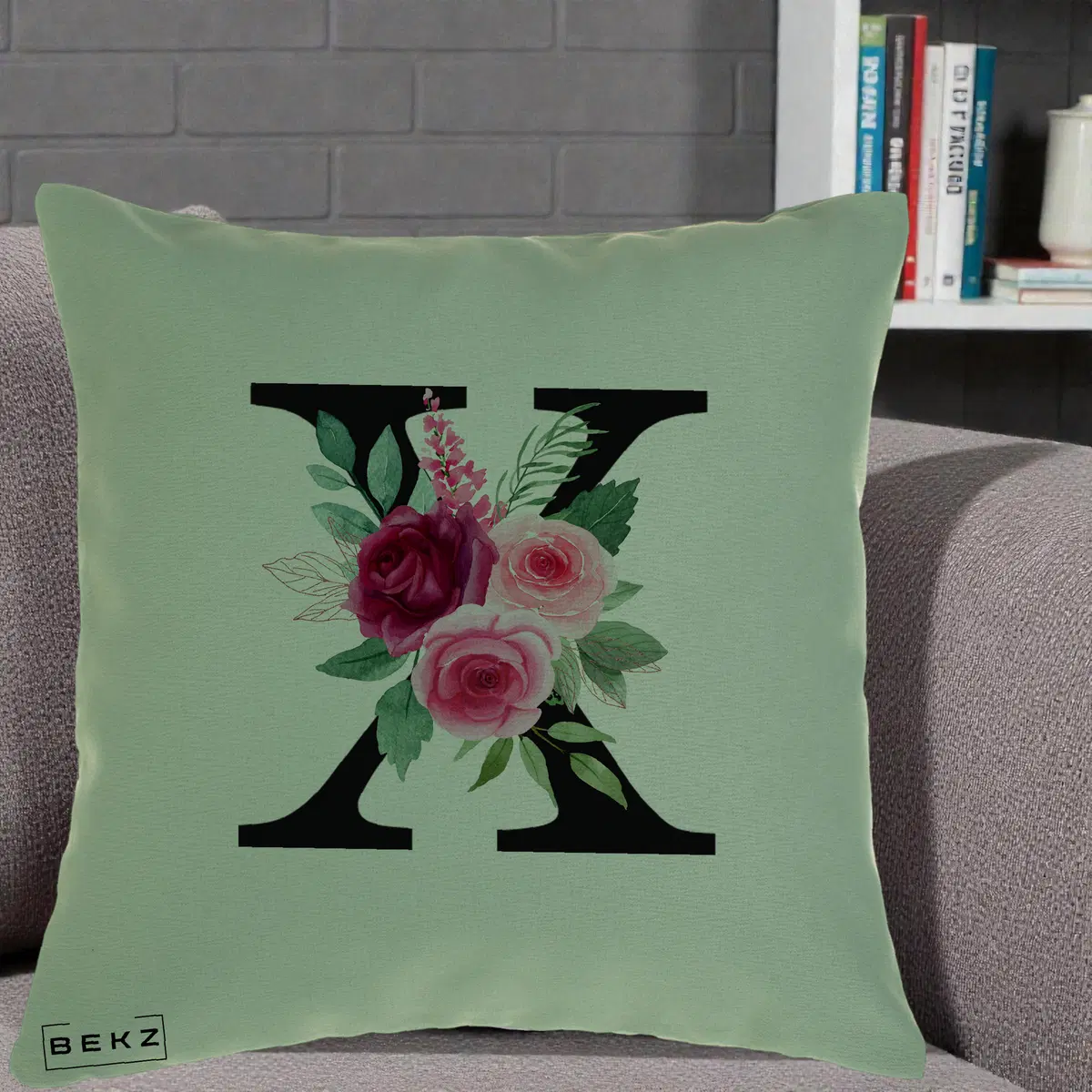 Perna Decorativa Monograma Florala Litera X, 40x40 cm, Verde, Husa Detasabila, Perna, BEKZ®