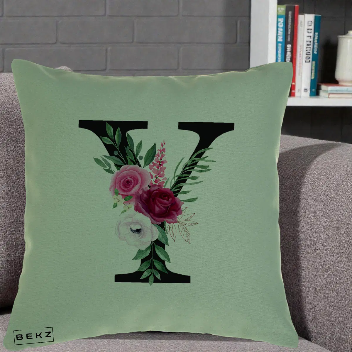 Perna Decorativa Monograma Florala Litera Y, 40x40 cm, Verde, Husa Detasabila, Perna, BEKZ®