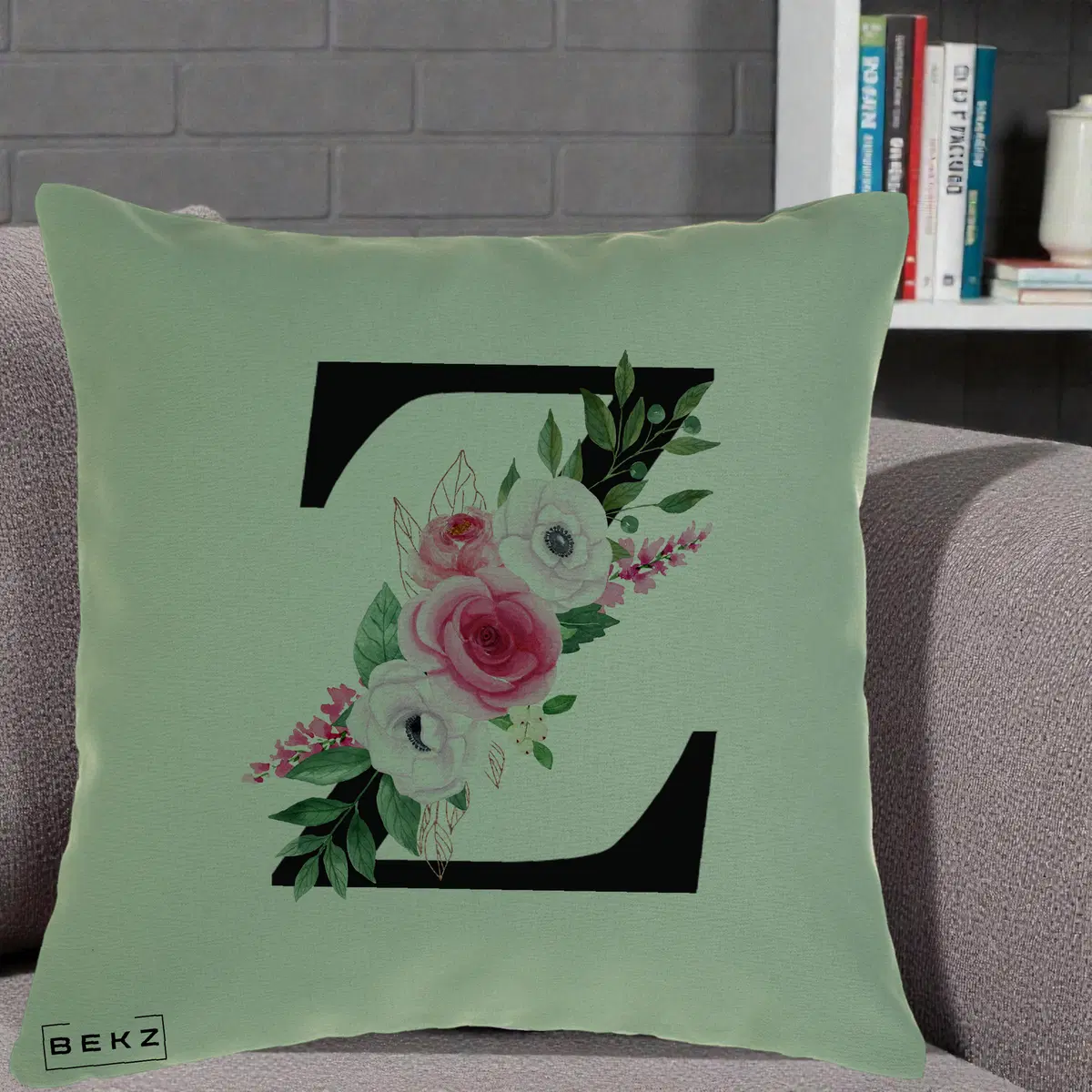 Perna Decorativa Monograma Florala Litera Z, 40x40 cm, Verde, Husa Detasabila, Perna, BEKZ®