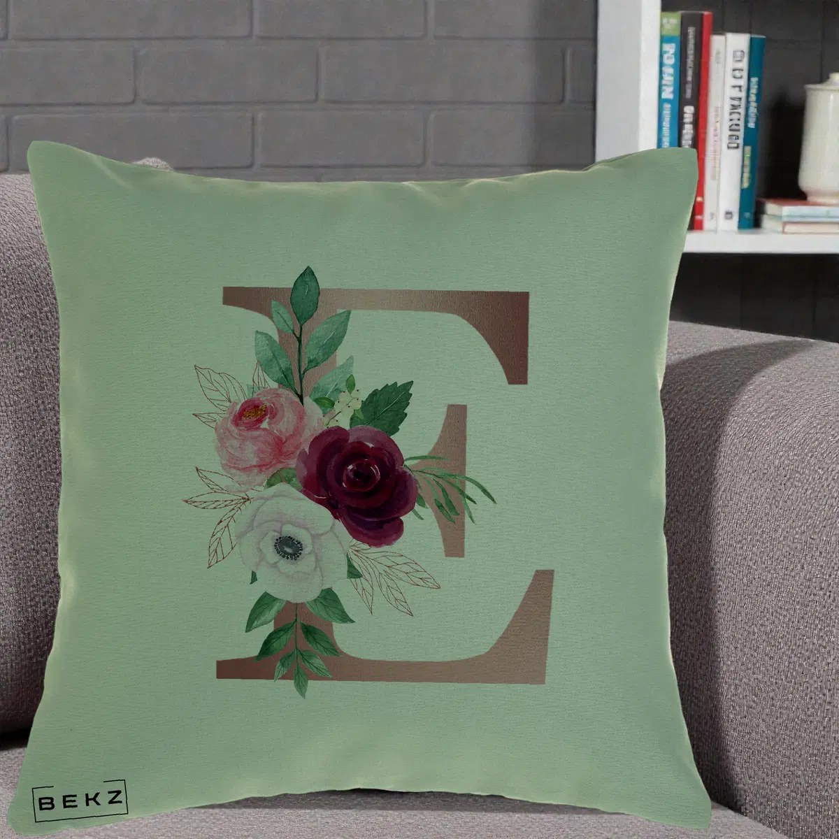 Perna Decorativa Monograma Rose Gold Litera E, 40x40 cm, Verde, Husa Detasabila, Perna, BEKZ®