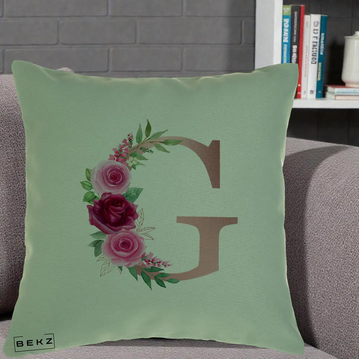 Perna Decorativa Monograma Rose Gold Litera G, 40x40 cm, Verde, Husa Detasabila, Perna, BEKZ®