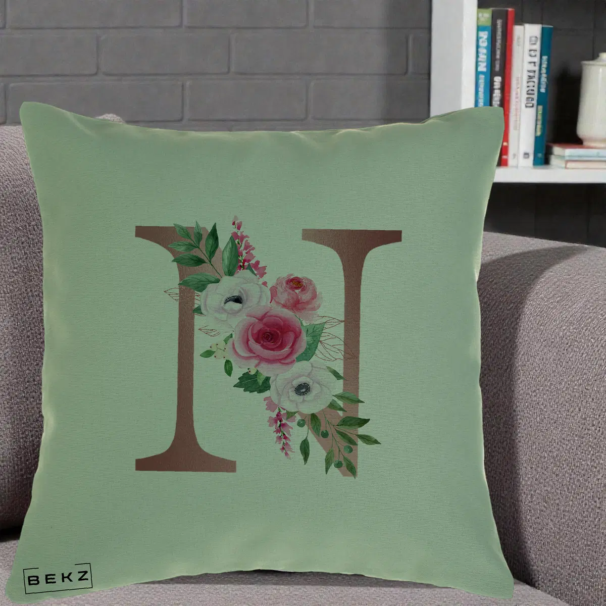 Perna Decorativa Monograma Rose Gold Litera N, 40x40 cm, Verde, Husa Detasabila, Perna, BEKZ®