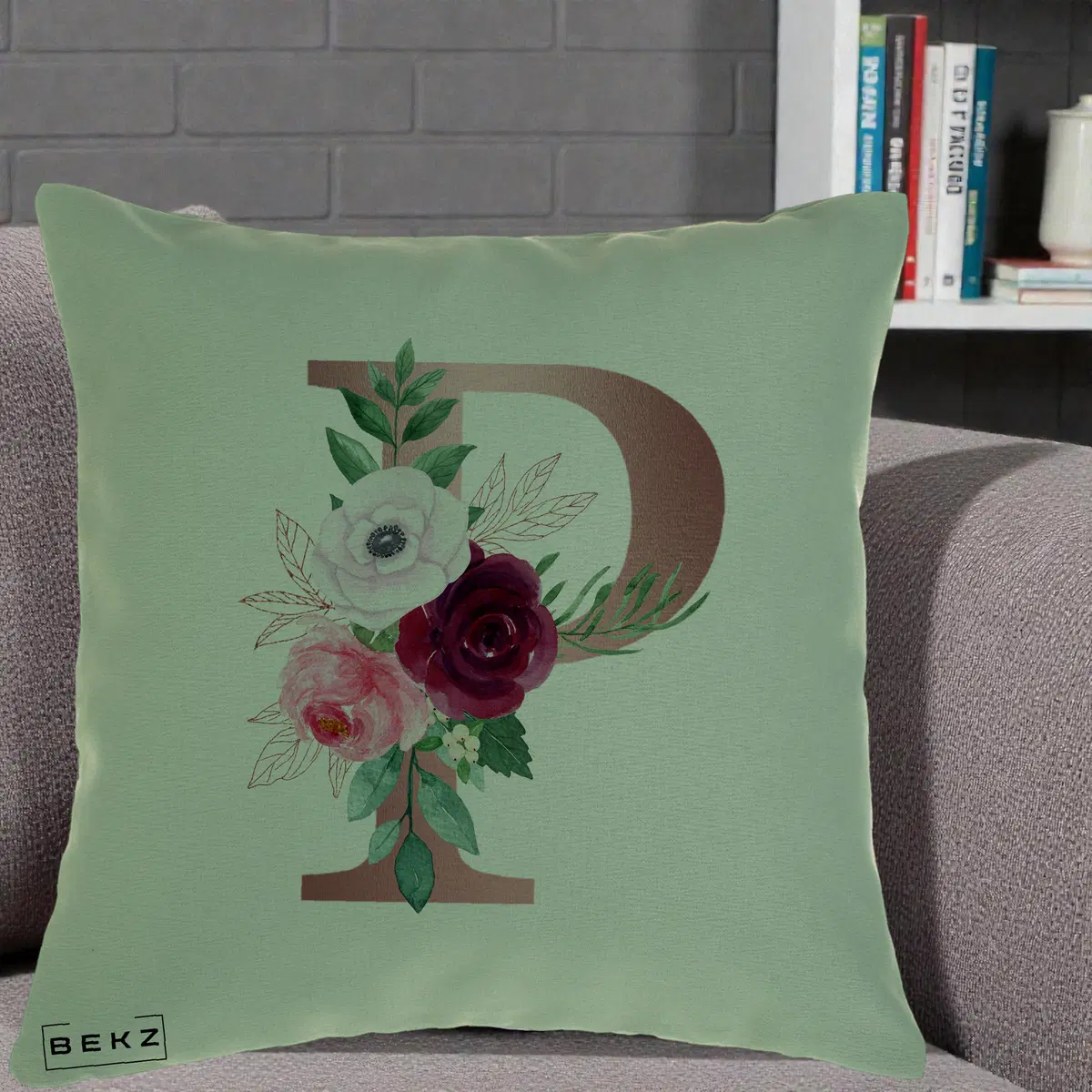 Perna Decorativa Monograma Rose Gold Litera P, 40x40 cm, Verde, Husa Detasabila, Perna, BEKZ®