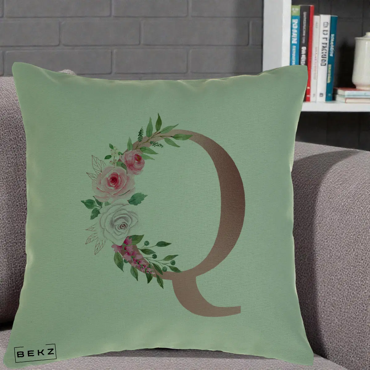 Perna Decorativa Monograma Rose Gold Litera Q, 40x40 cm, Verde, Husa Detasabila, Perna, BEKZ®