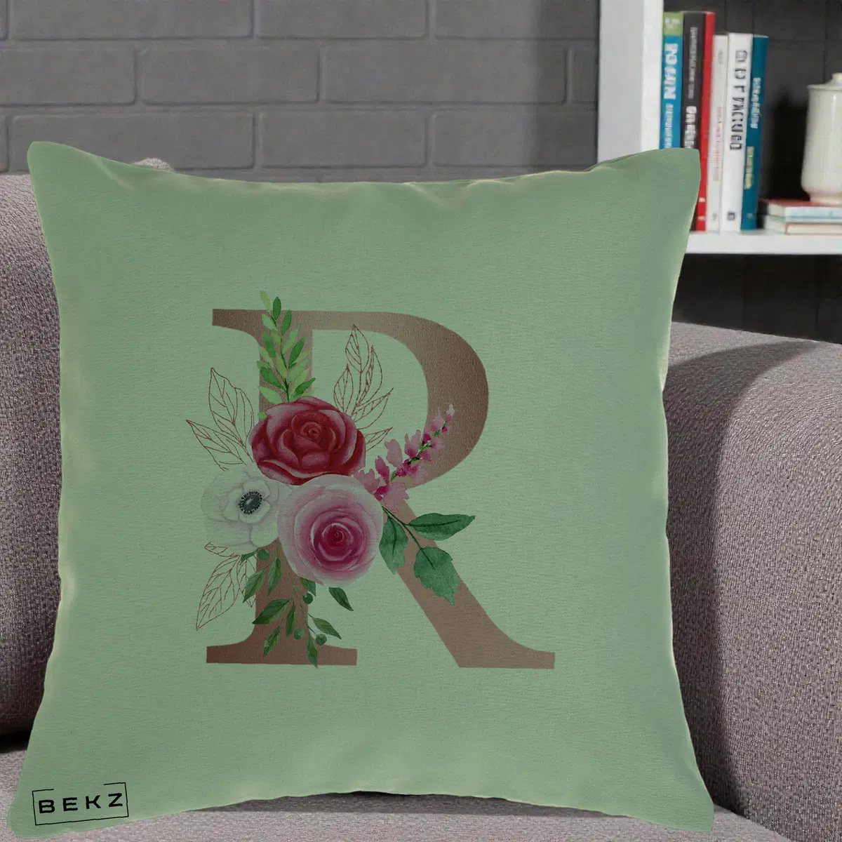 Perna Decorativa Monograma Rose Gold Litera R, 40x40 cm, Verde, Husa Detasabila, Perna, BEKZ®