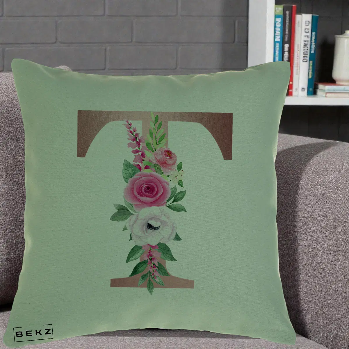 Perna Decorativa Monograma Rose Gold Litera T, 40x40 cm, Verde, Husa Detasabila, Perna, BEKZ®
