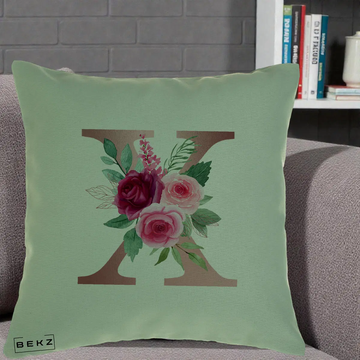 Perna Decorativa Monograma Rose Gold Litera X, 40x40 cm, Verde, Husa Detasabila, Perna, BEKZ®