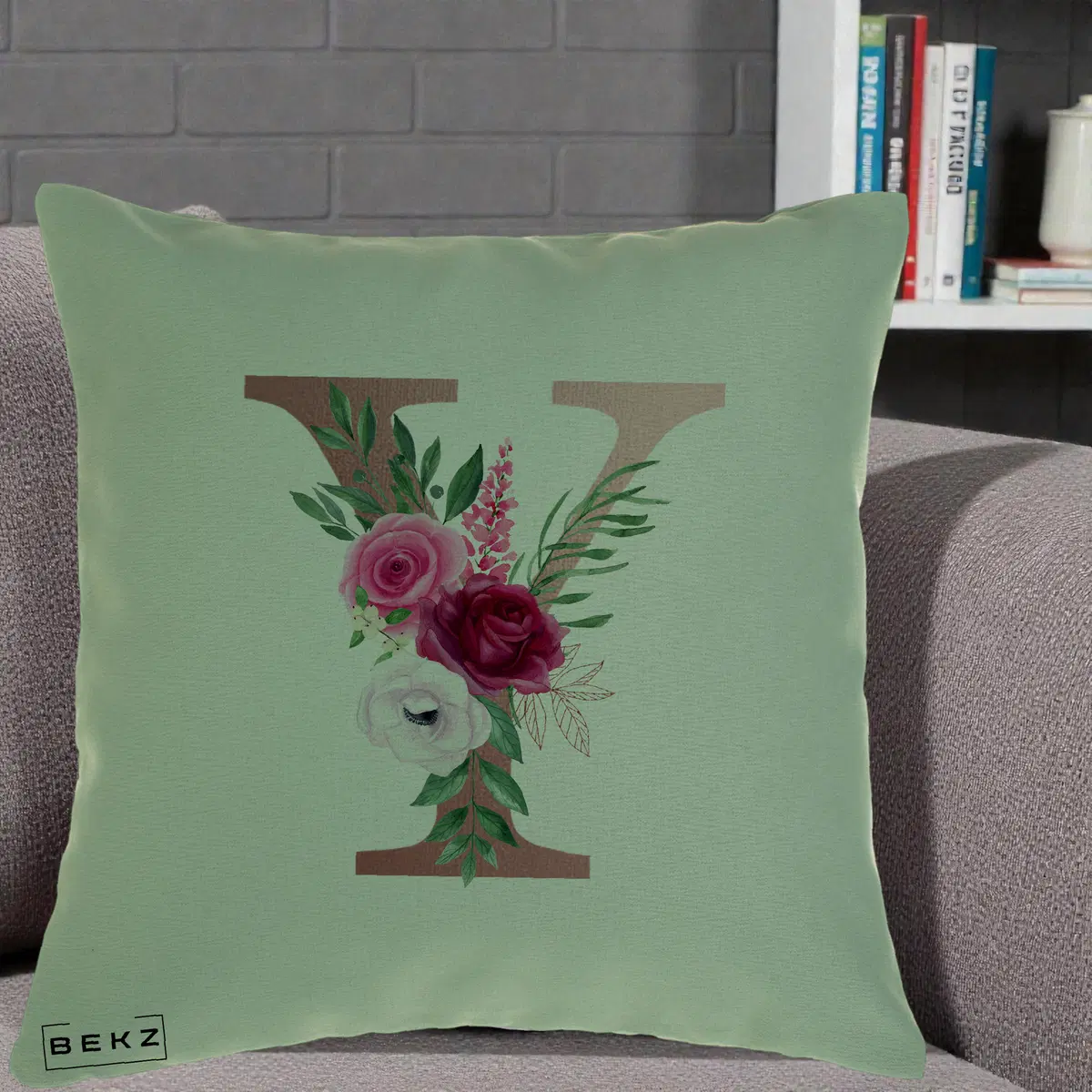 Perna Decorativa Monograma Rose Gold Litera Y, 40x40 cm, Verde, Husa Detasabila, Perna, BEKZ®