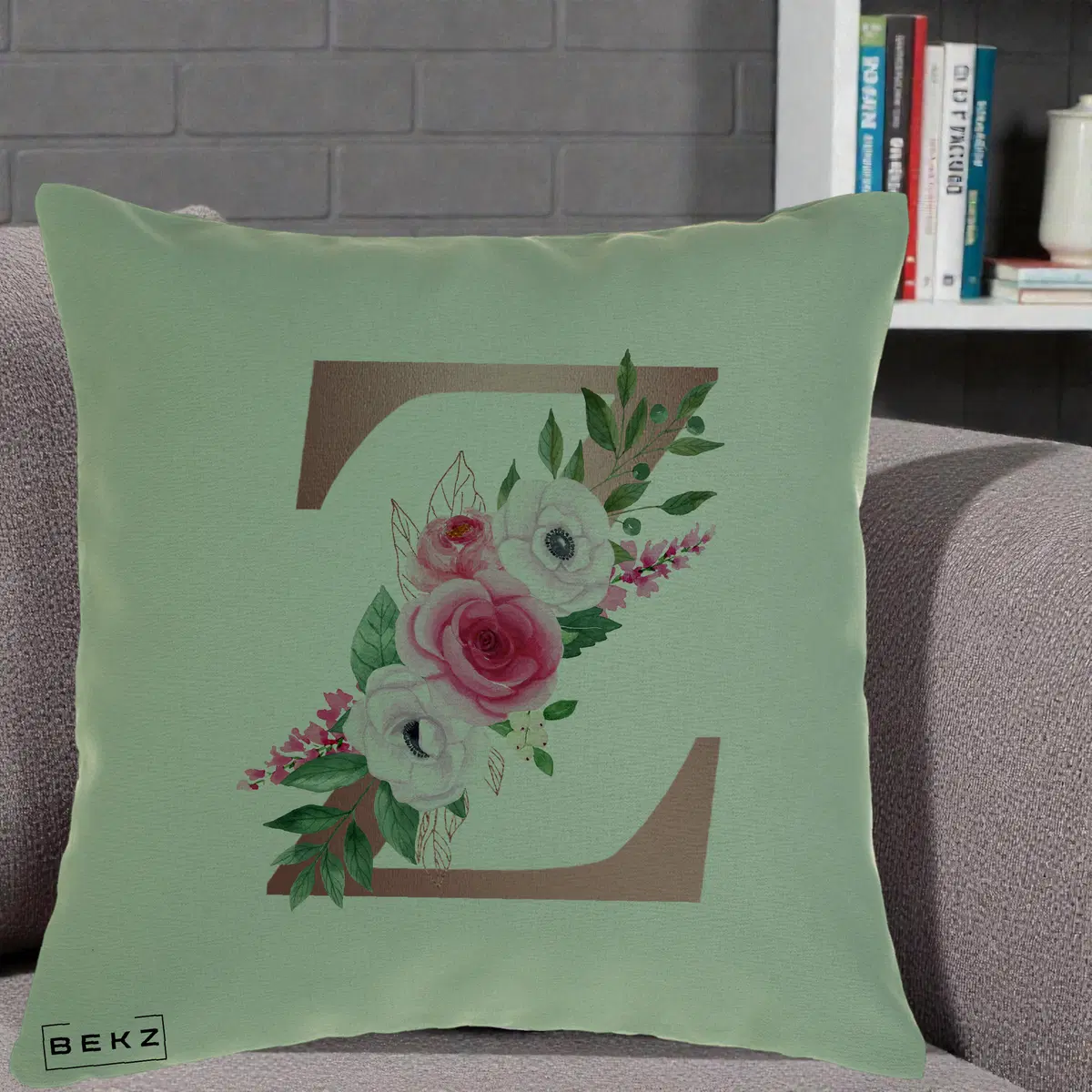 Perna Decorativa Monograma Rose Gold Litera Z, 40x40 cm, Verde, Husa Detasabila, Perna, BEKZ®