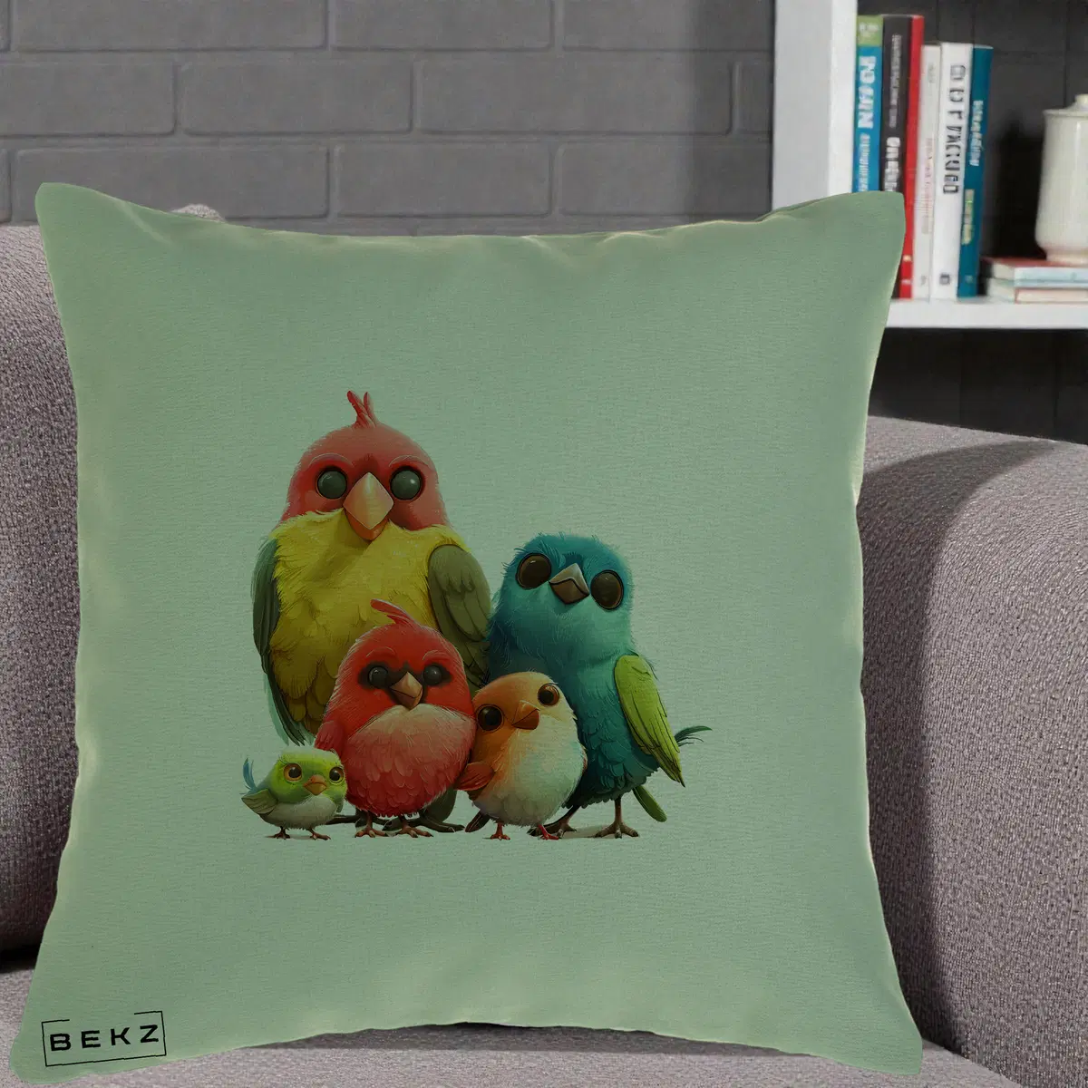 Perna Decorativa Familie de Pasarele Colorate, 40x40 cm, Verde, Husa Detasabila, Perna, BEKZ®