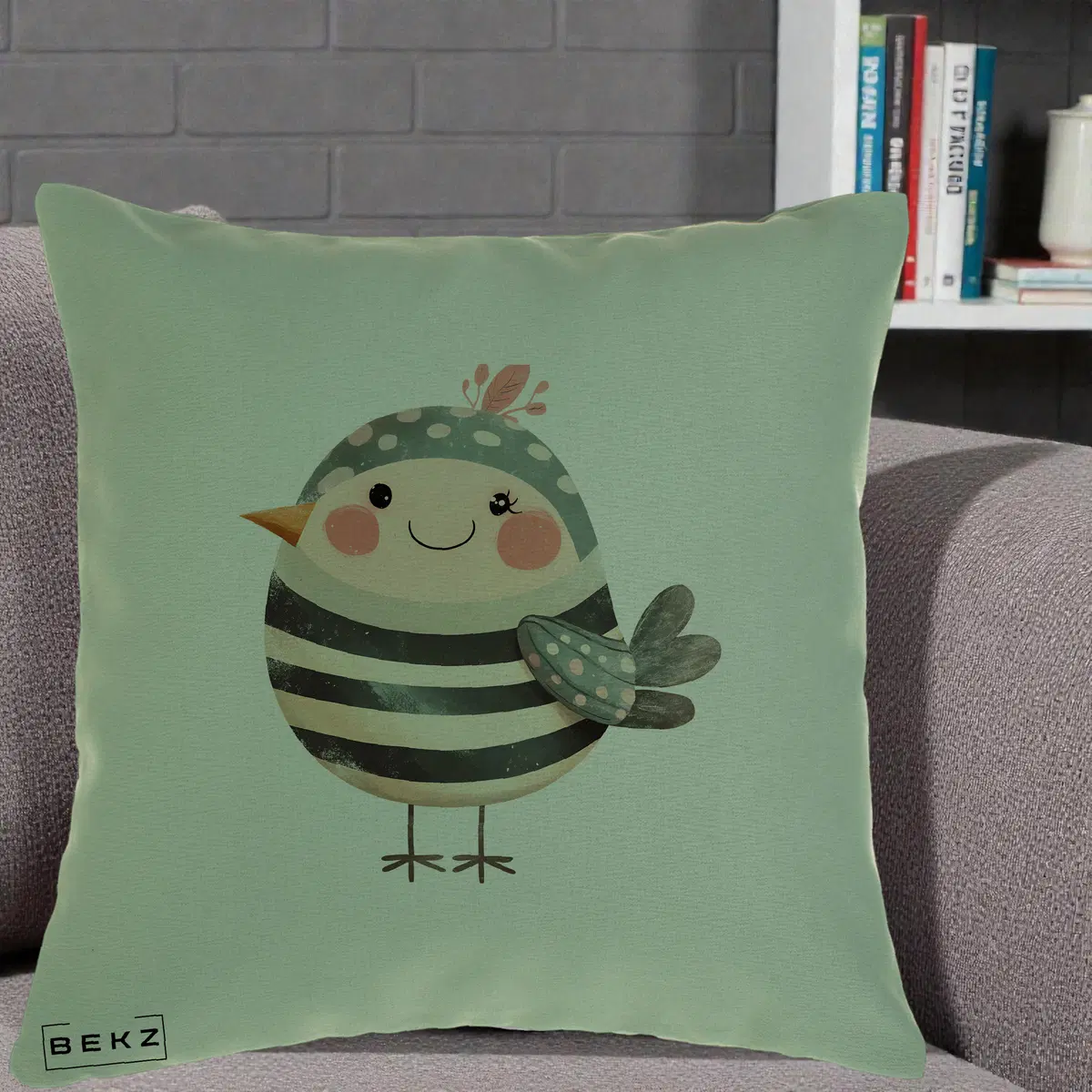 Perna Decorativa Pui Kawaii Teal cu Flori, 40x40 cm, Verde, Husa Detasabila, Perna, BEKZ®
