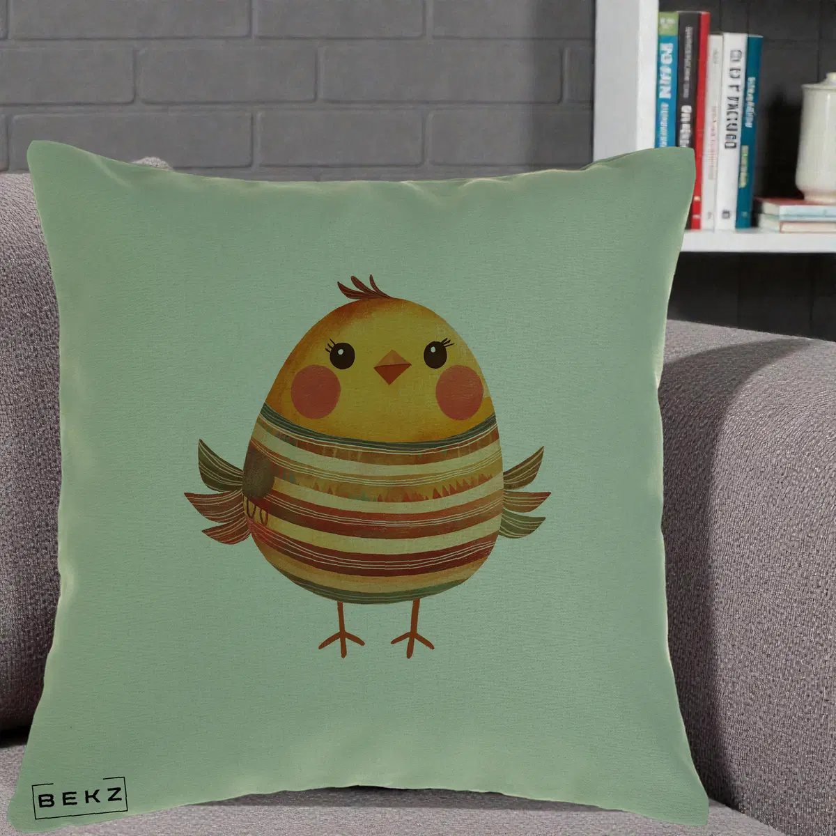 Perna Decorativa Pui Kawaii Portocaliu Dungi Calde, 40x40 cm, Verde, Husa Detasabila, Perna, BEKZ®
