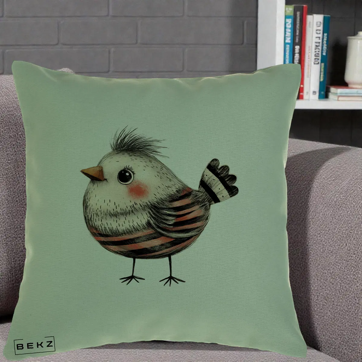 Perna Decorativa Pui Expresiv Dungi Negru-Rosu, 40x40 cm, Verde, Husa Detasabila, Perna, BEKZ®