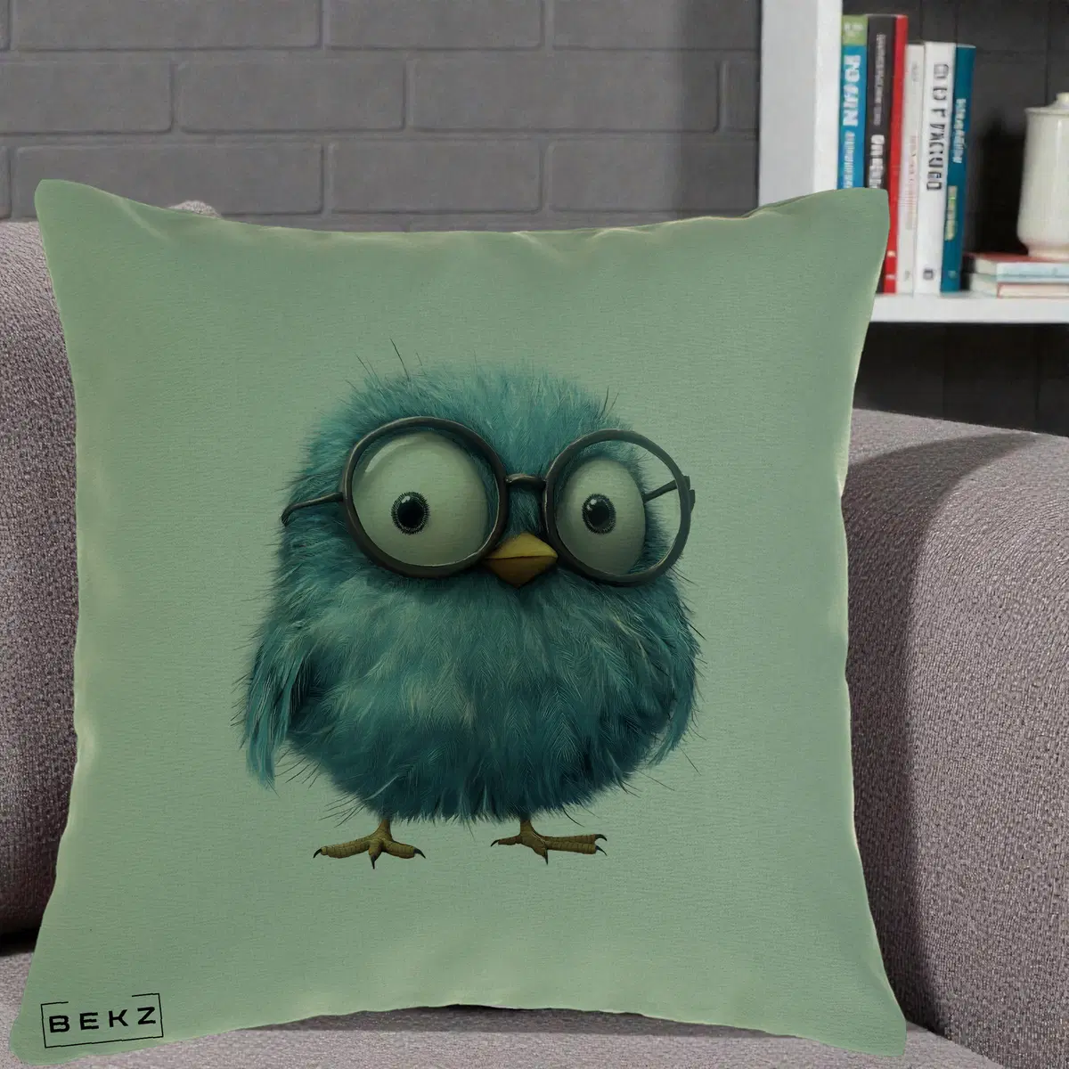 Perna Decorativa Pui Pufos Teal cu Ochelari, 40x40 cm, Verde, Husa Detasabila, Perna, BEKZ®