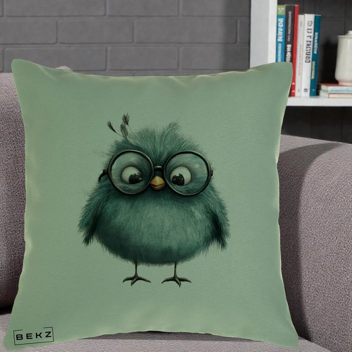 Perna Decorativa Pui Teal cu Ochelari Rotunzi, 40x40 cm, Verde, Husa Detasabila, Perna, BEKZ®