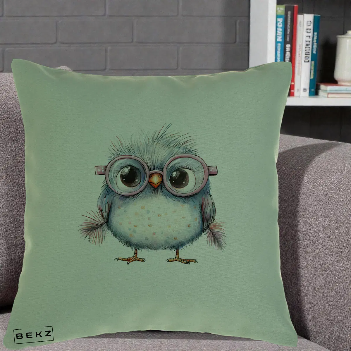 Perna Decorativa Pui Pufos cu Ochelari Roz, 40x40 cm, Verde, Husa Detasabila, Perna, BEKZ®
